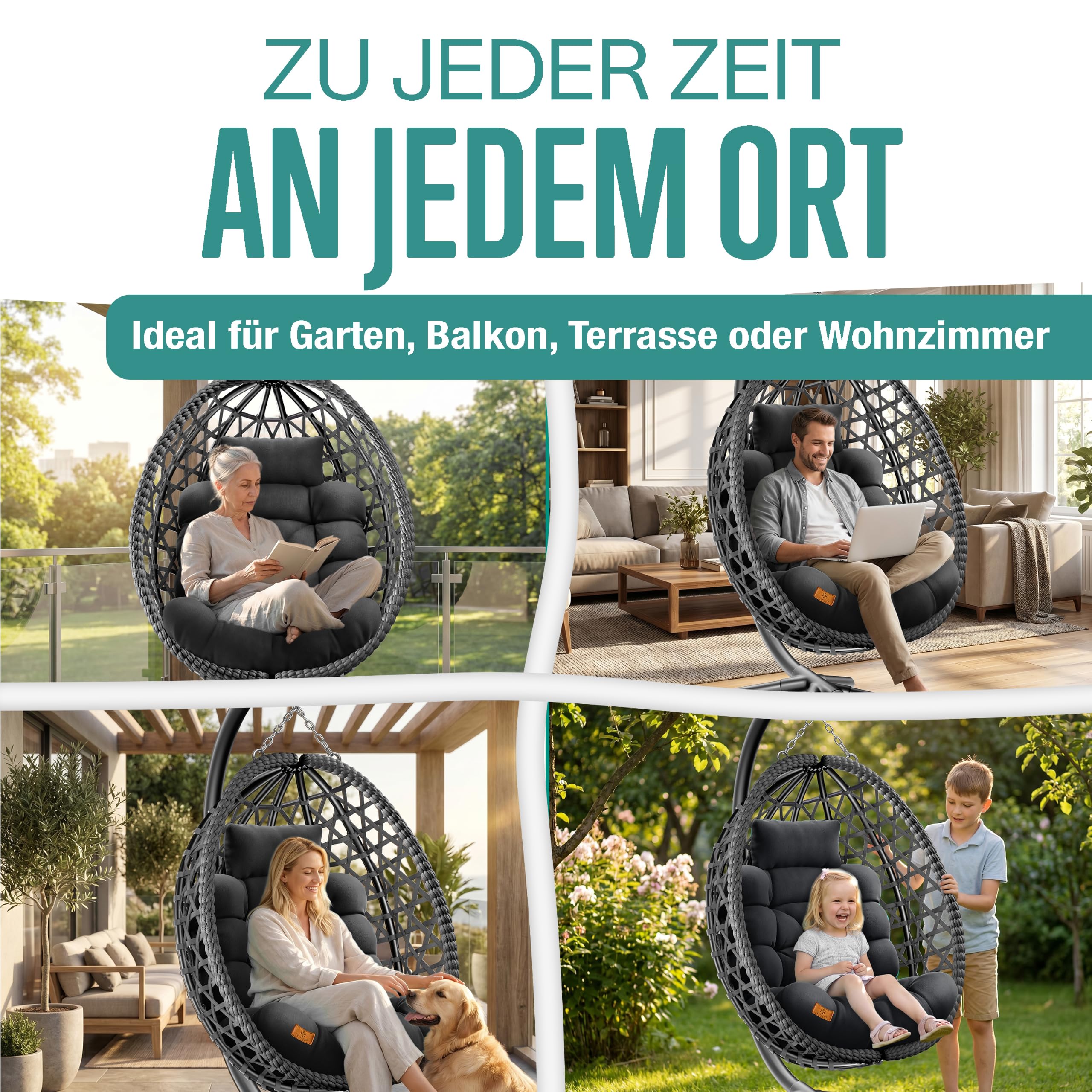 KESSER® Hängesessel mit Gestell Outdoor Indoor Schaukelstuhl Polyrattan 360° 150kg Tragkraft inkl. Polsterkissen & 2in1 Deckenhalterung + Cover – Relaxschaukel - Garten, Balkon, Terrasse, Anthrazit