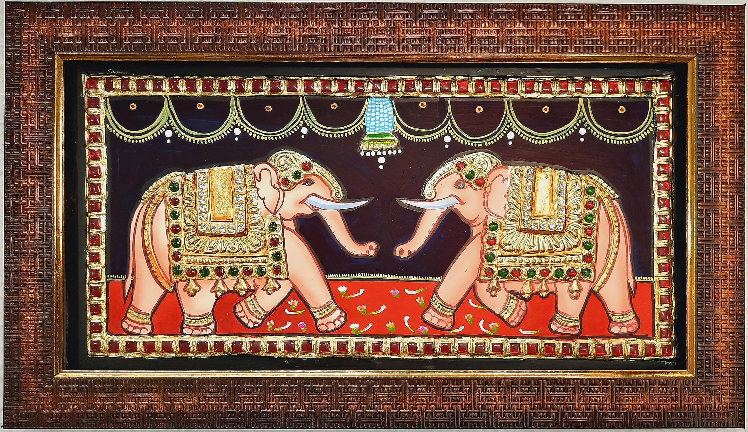 JLine Arts Elephant Tanjore Painting, 22 Carat Gold Foils with Wall Hanging (35 cm x 19 cm) with Fibre Frame