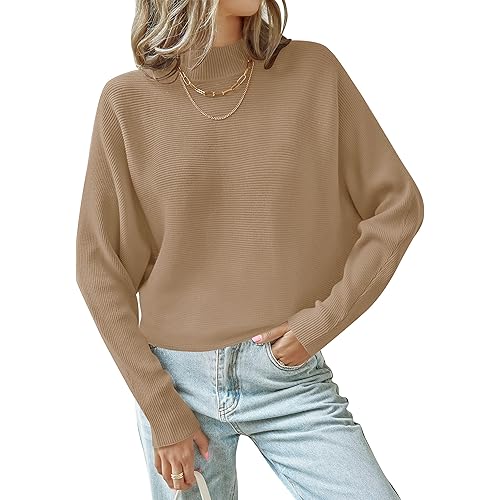 ZESICA Women's 2024 Fall Turtleneck Batwing Long Sleeve Ribbed Knit Casual Soft Pullover Sweater Jumper Top