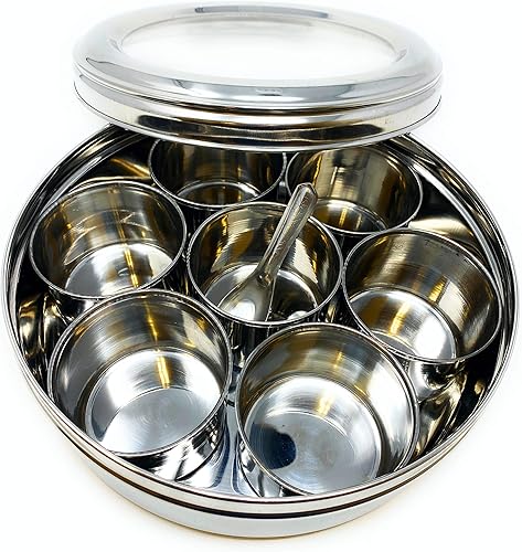 Miniatura 2 de Rani - Caja de especias (7.5 x 2.8 pulgadas) de acero inoxidable transparente para almacenar especias (Masala Dabba), 7 compartimentos, con cuchara.