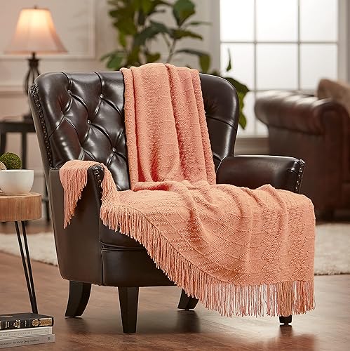 Chanasya Manta rosa melocotón de alta calidad con borlas, de punto acrílico, supersuave, esponjosa, cálida, acogedora, ligera, elegante, bohemia