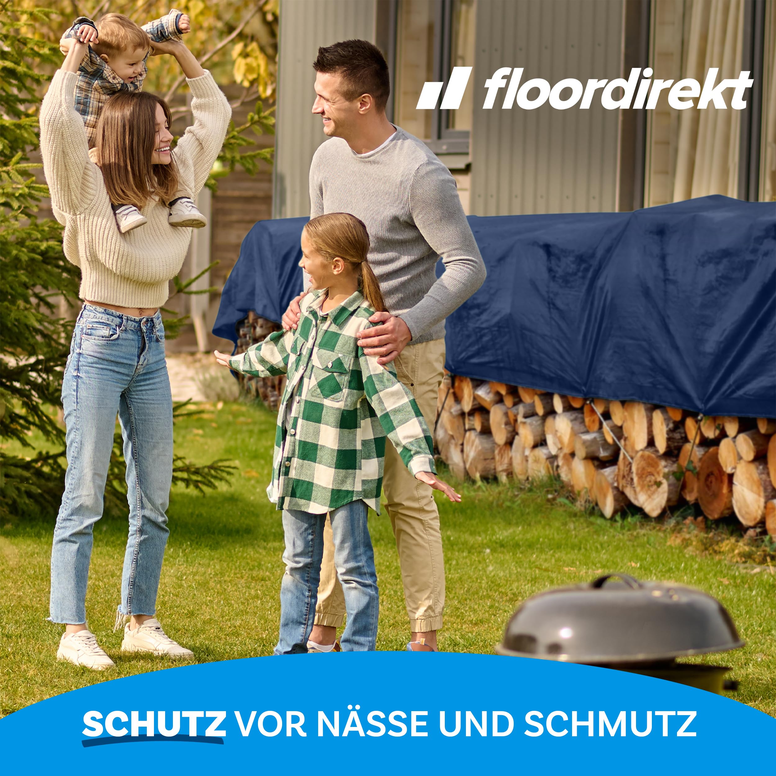 Floordirekt | Toile multiusage avec Oeillets | Bâche de Protection | Toile de Tente pour Le Camping et Le Jardin, imperméable | Bleu, 6m x 10m = 60m² (240 g/m²)