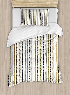 Ambesonne Striped Duvet Cover Set Twin Size, Vertical Lines with Round Circle Shapes Victorian Inspired Designed Art Print, Decorative 2 Piece Bedding Set with 1 Pillow Sham, Black Golden