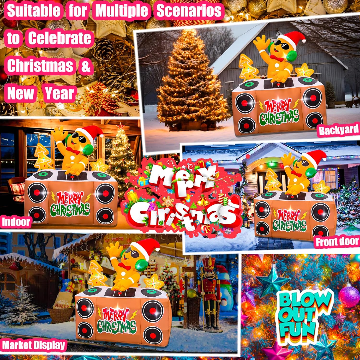 BLOWOUT FUN Christmas Inflatables,6FT DJ Gingerbread Man Playing Music on Turntables,Blow-up Xmas Decoration with Built-in LED Lights & Blower for Indoor Outdoor Garden Home Holiday Party Art Decor