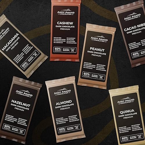 Andy Anand Barras de chocolate negro sin azúcar, paquete de 12 unidades de muestras variadas de nueces, veganas orgánicas naturales, sin gluten,