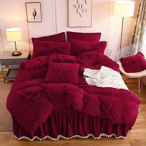 LIFEREVO - Juego de funda de duvet lujosa de felpa (1 funda de duvet de piel sintética + 2 fundas de almohada decorativa con borde de pompones),