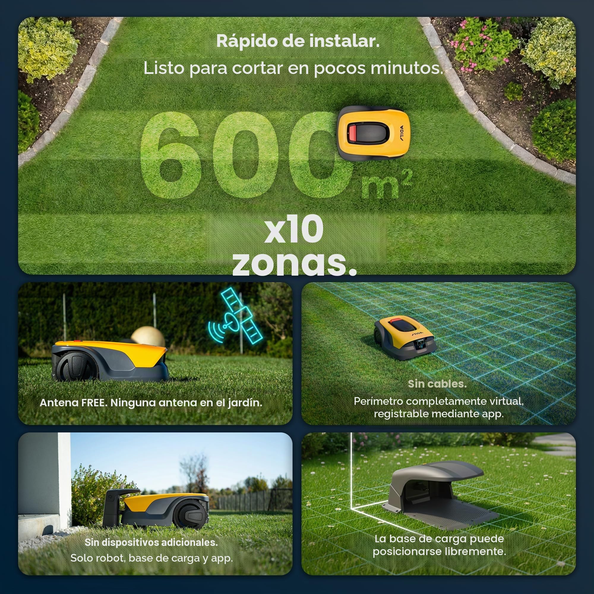 STIGA Una cortadora de césped robótica de 6 V, cámara integrada con IA, sin Cables y sin Antena, controlada por aplicación, Resultados césped con mantillo Diario, Rayas y Patrones de