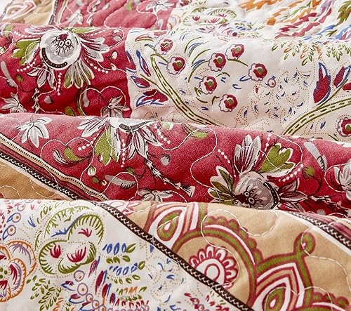 Miniatura 8 de DaDa Bedding - Juego de colcha bohemia acolchada con estampado floral, rústico, rojo arándano, salvia, verde, cheurón, cachemira, filigrana, bordes