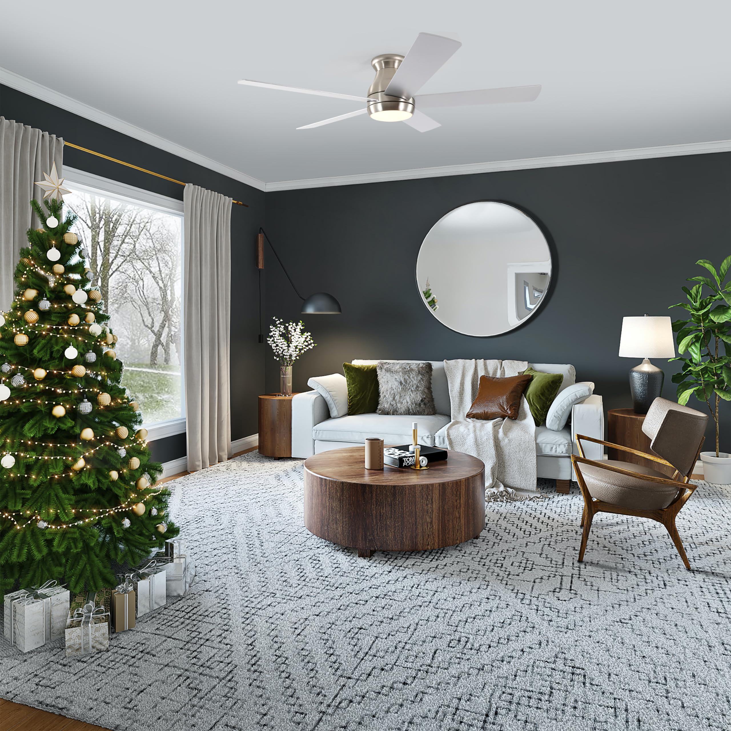 FINXIN Indoor Low Profile Ceiling Fan Brushed Nickel LED 52 Ceiling Fans For Bedroom,Living Room,Dining Room Including DC Motor,Light,5-Blades