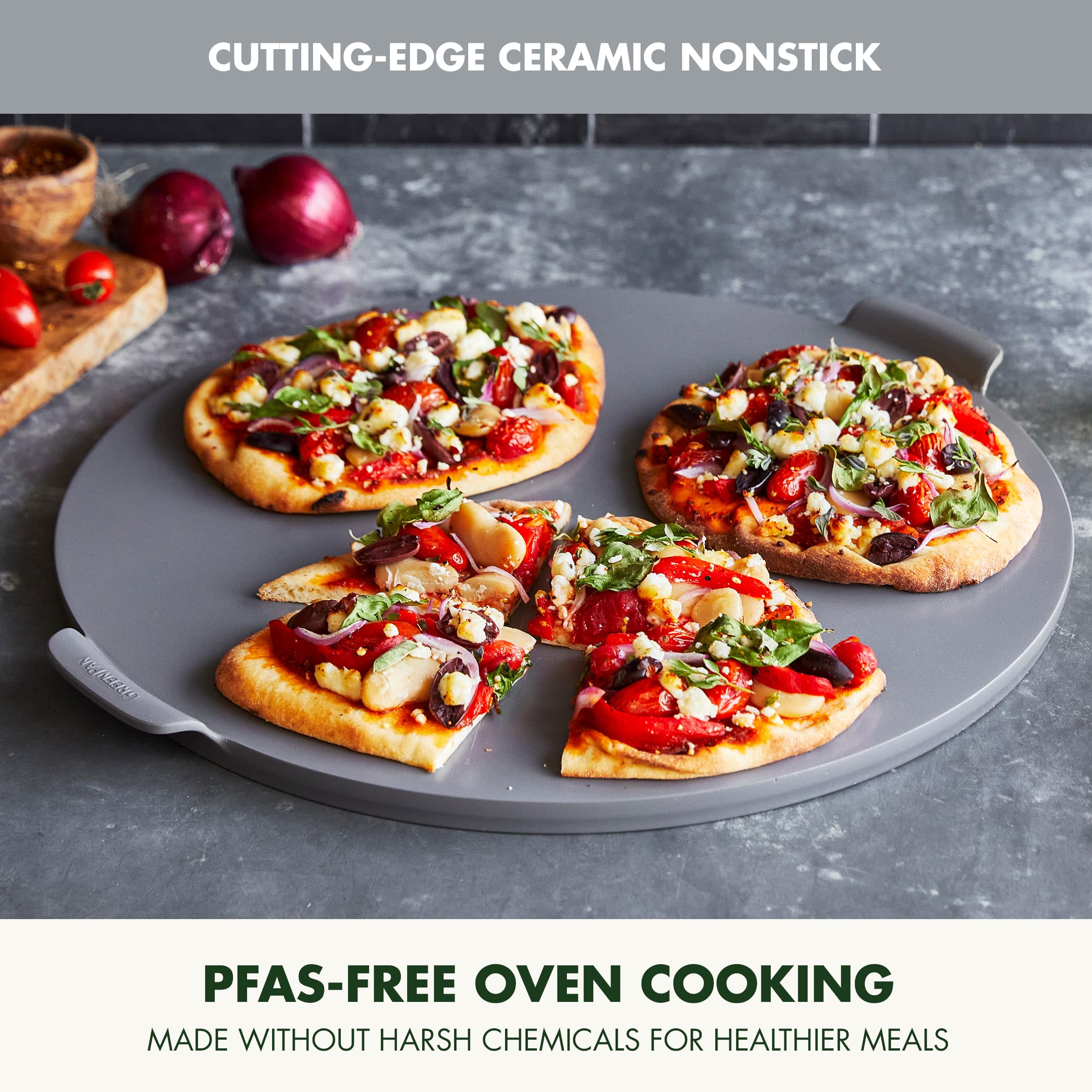 GreenPan Premiere Ovenware patelnia do pizzy 42 cm, zdrowa ceramiczna nieprzywierająca, nie zawiera PFAS, nadaje się do piekarnika, nadaje się do mycia w zmywarce, szara