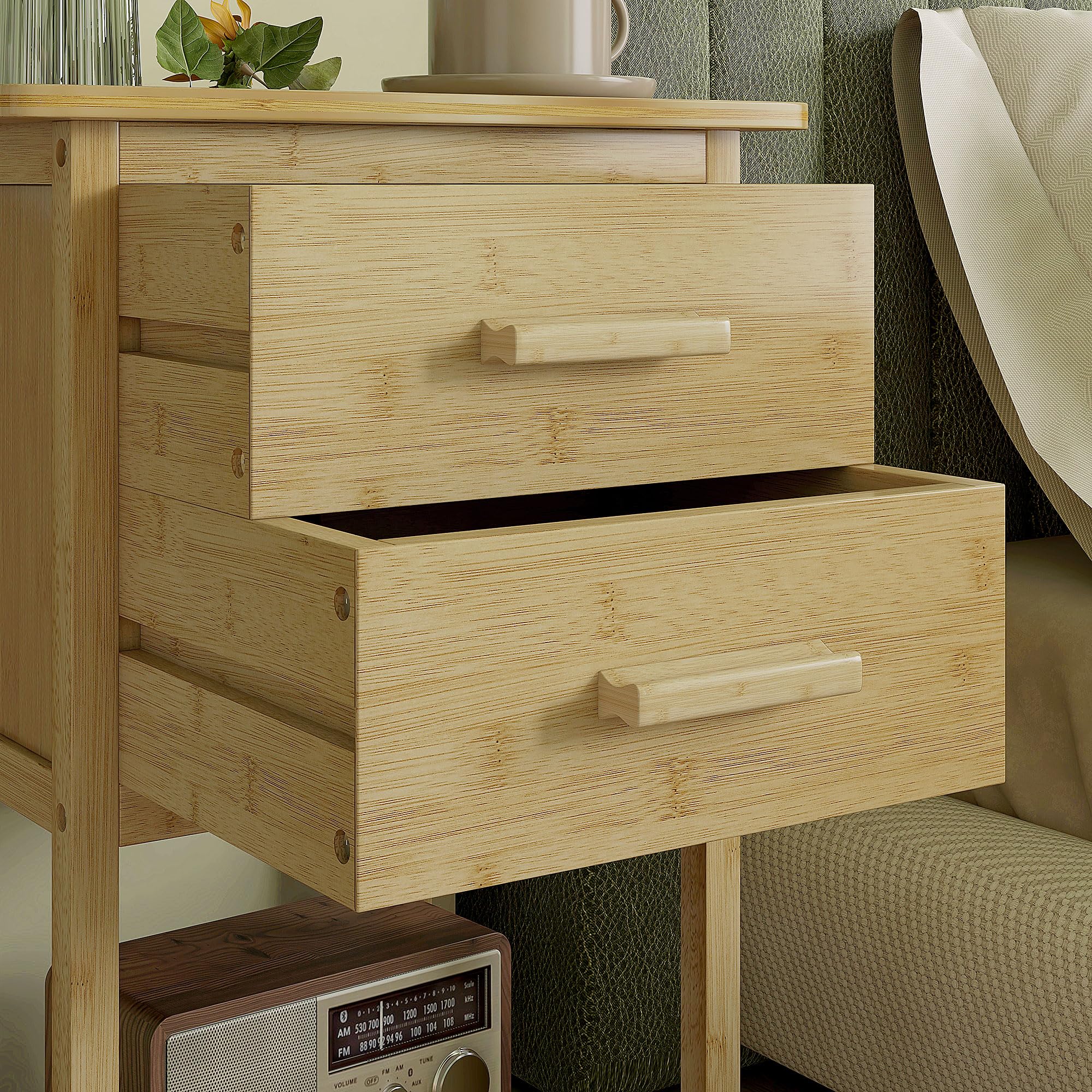 HOMCOM Set 2 Comodini con 2 Cassetti e Ripiano, 40x34x60 cm, Color Legno | Ripiano Inferiore, Stile Nordico, Comodini Moderni in Bambù