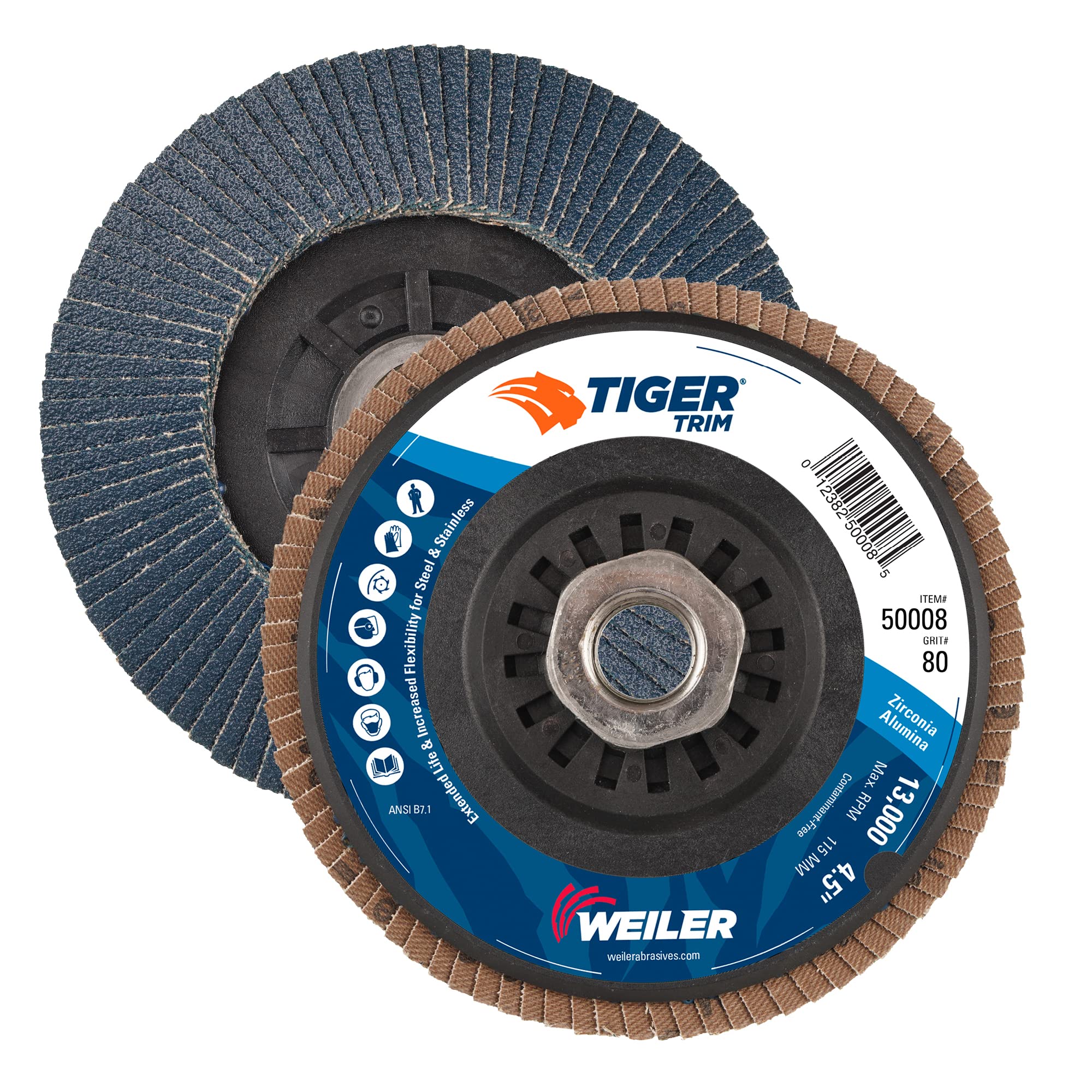 Weiler 50008 Tiger 5/8"-11 Arbor, 4-1/2" Diameter, 80 Grit, Zirconium, Trimmable Composite Backing, Angled Abrasive Flap Disc