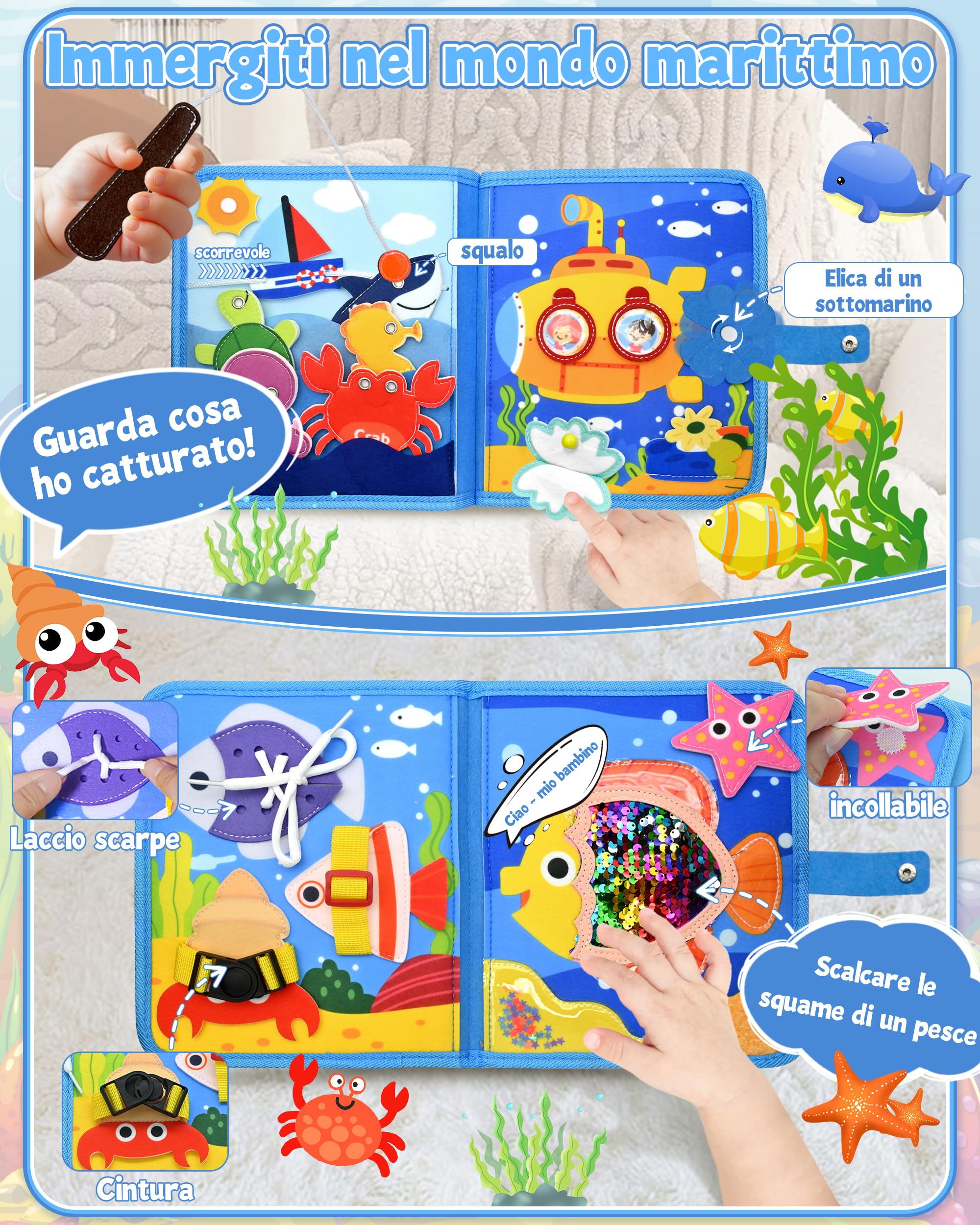 Busy Board Libro Montessori Interattivo 1 Anno, Busy Book sensoriale educativo, Giochi Montessori 1 2 3 4 Anni, Pannello di Feltro attività, Valigetta Montessori Bambini (Oceano)