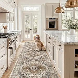 Madane Hallway Runner Rug 2'6''x12', Non Slip Vintage 12ft Runners for Hallways Washable Kitchen Rugs Soft Low Pile 2.5x12 ft Rug Runner for Laundry Room, Entryway and Bedroom, Turmeric/Grey