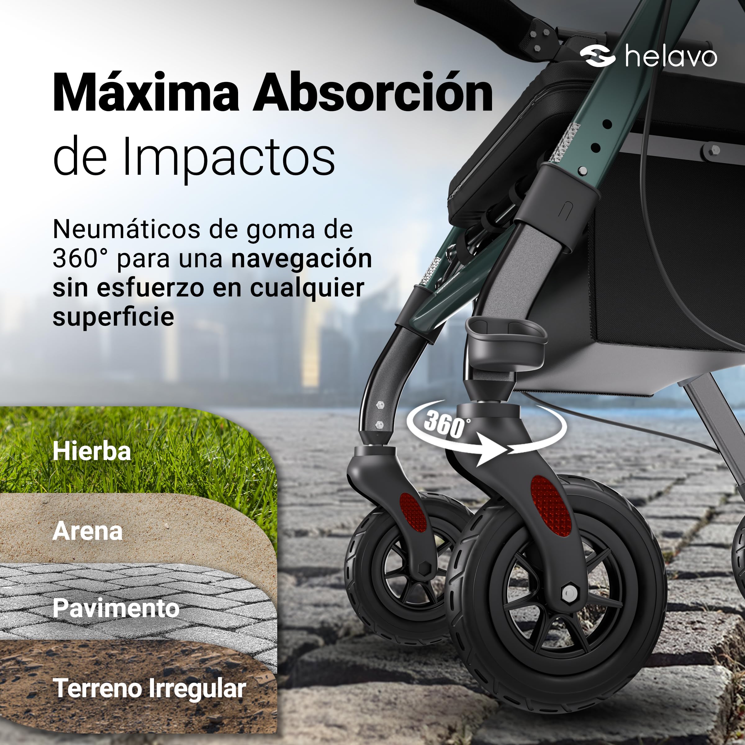 Helavo andador resistente con ruedas de caucho antipinchazos para exteriores - Andador amplio extra de aluminio con asiento espacioso y ajustable en altura - Soporta hasta 226 kg