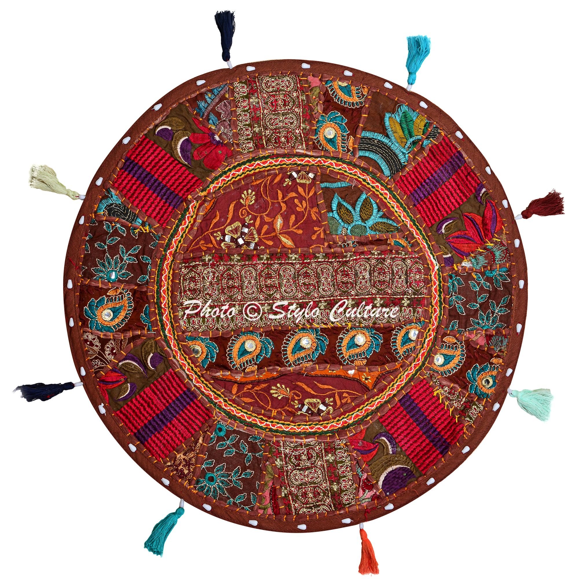 Ethnic Yoga Throw Pillows for Bedroom Vintage Bohemian Patchwork Cushion Cover Dark Brown Round Throw Pillow 18 Small Decorative Seat Pouf Cover Footstool Cotton Embroidered 1 Pc