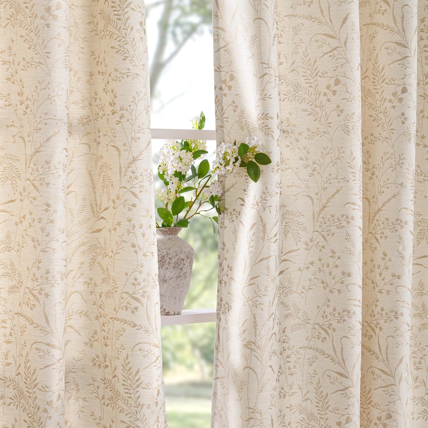 BGment Oatmeal Linen Curtains for Living Room 84 Inch Length - French Country Leaf Jacquard Botanical Pattern Cottage Core Vintage Light Filtering Grommet Window Curtains 2 Panels, Each 52 Inch Wide