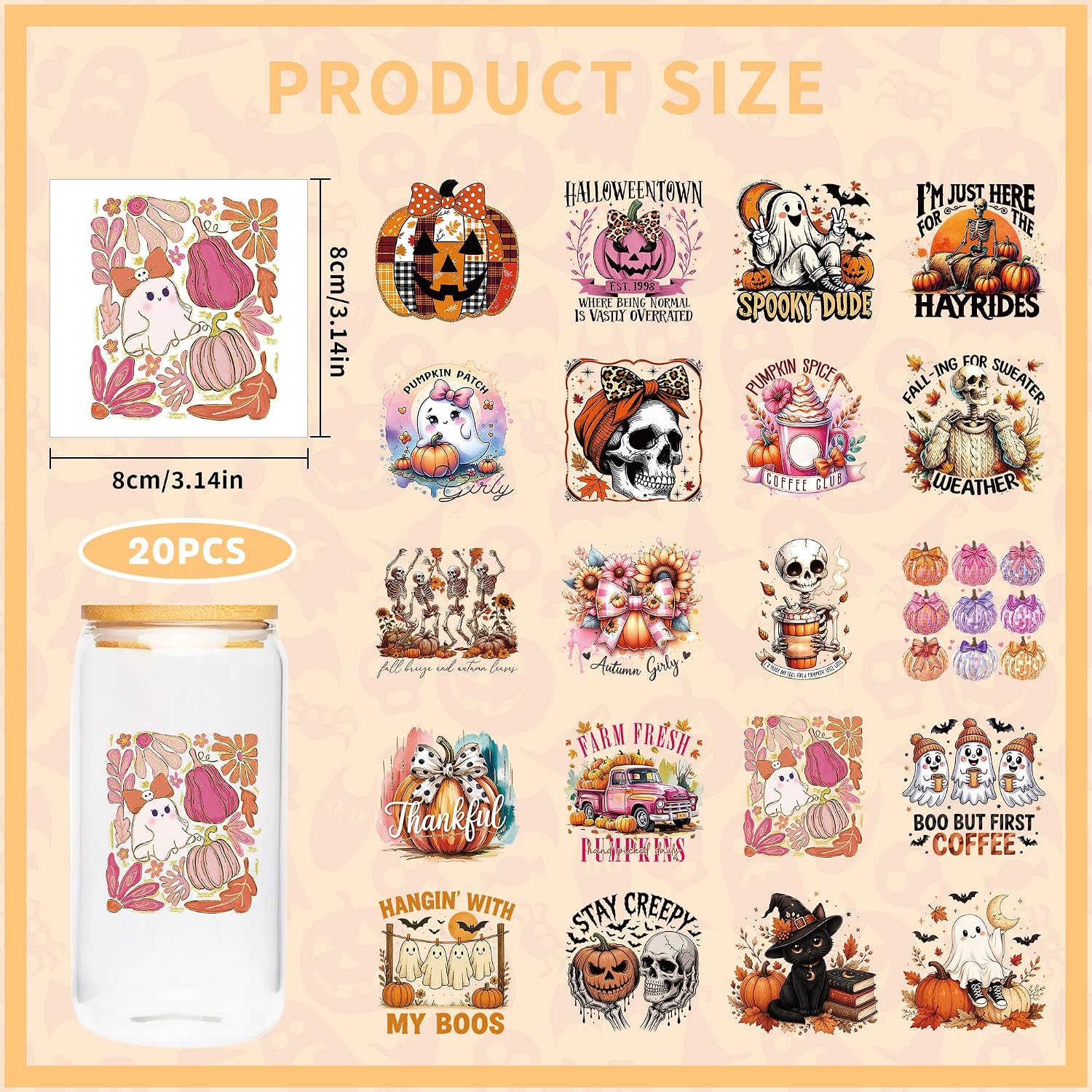 Fall Halloween UV DTF Cup Wraps Transfer Stickers for Water Bottle