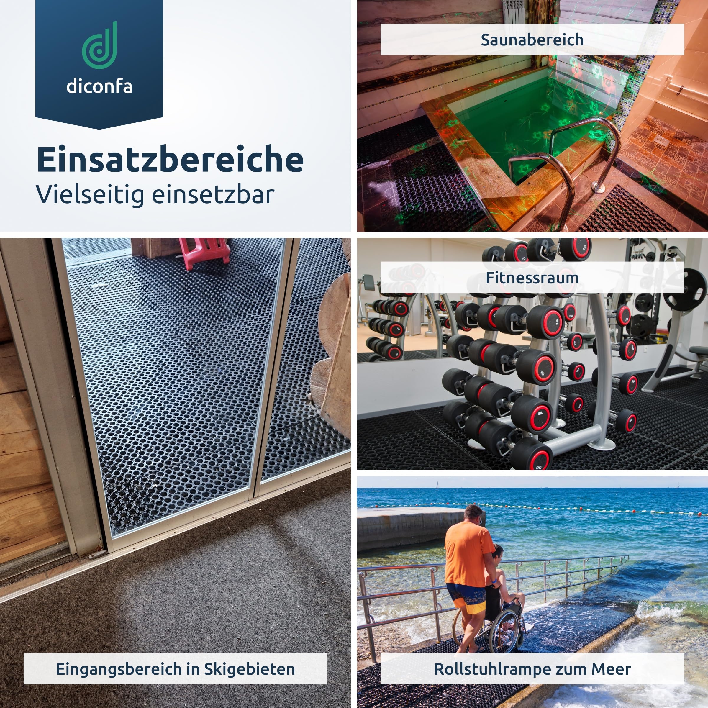 diconfa Ringgummimatte NACH MAß - BREITE: 400mm bis 1500mm - LÄNGE: 0,2m bis 10m ==> 1m x 0,96m (100cm x 96cm) - Schmutzfangmatte rutschfest Paddockmatte Gummimatte Lochmatte Wabenmatte