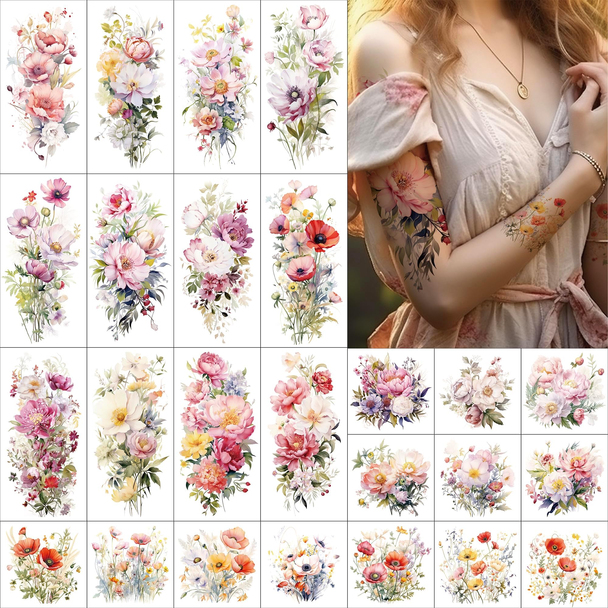 Flower Temporary Tattoo Sleeve Sheets Kit, 12 Large Watercolor Floral Tattoo Stickers, 13 Small Fake Flower Tattoo Designs for Women and Girls