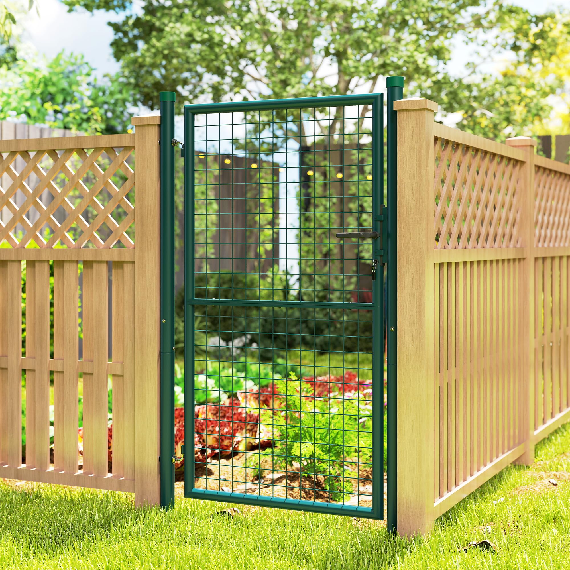 Outsunny Cancello da Giardino in Acciaio 97x200 cm, Cancelletto da Giardino con Serratura, 3 Chiavi, Maniglia e 2 Pali, Cancello Esterno per Ingresso Cortile e Terrazzo, Verde