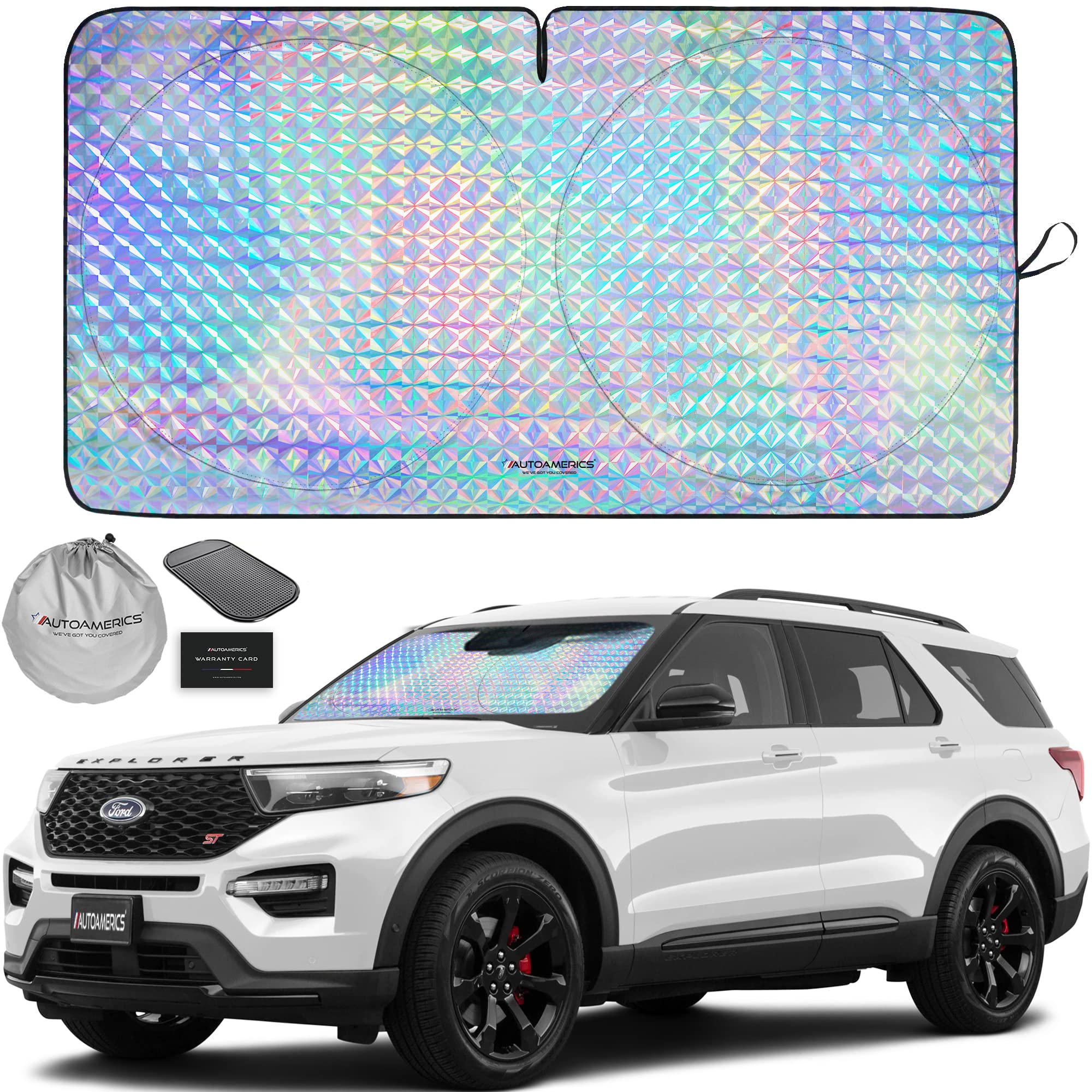 Autoamerics 1-Piece Windshield Sun Shade - Holographic Foldable Car Front Window Sunshade for Most Cars SUV Truck - Heat Blocker Visor Protector Blocks Max UV Rays and Keeps Your Vehicle Cool - Medium