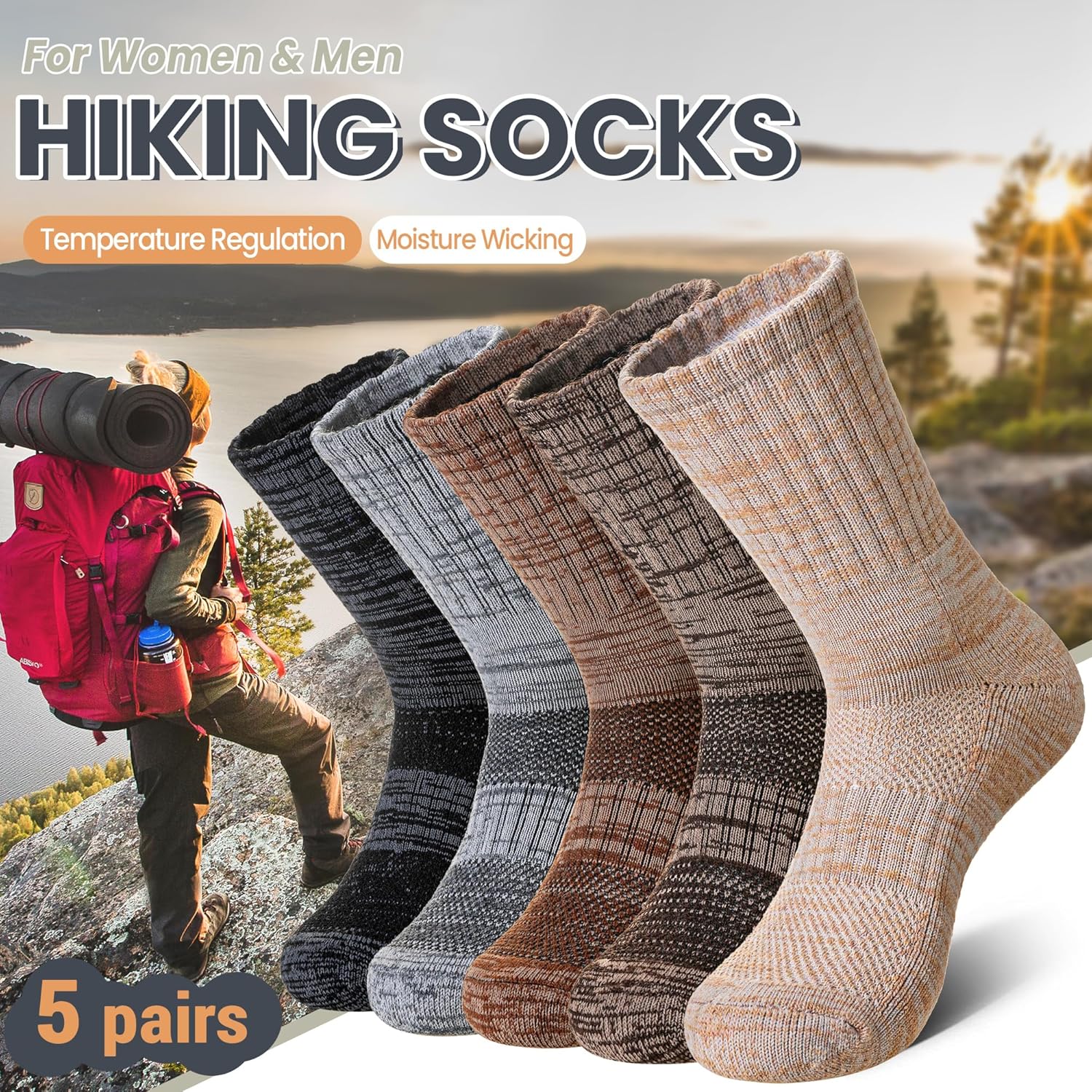 DoSmart Merino Wool Hiking Socks for Women Men Thermal Winter Warm Moisture Wicking Boot Work Cushion Gift Socks 5 Pairs - Image 2