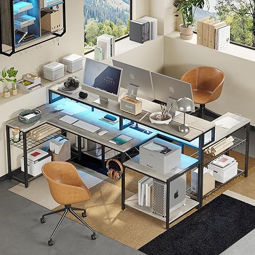 Miniatura 4 de Bestier Escritorio para computadora de 71.5 pulgadas con tomas de corriente, escritorio LED de oficina en casa con soporte largo para monitor,