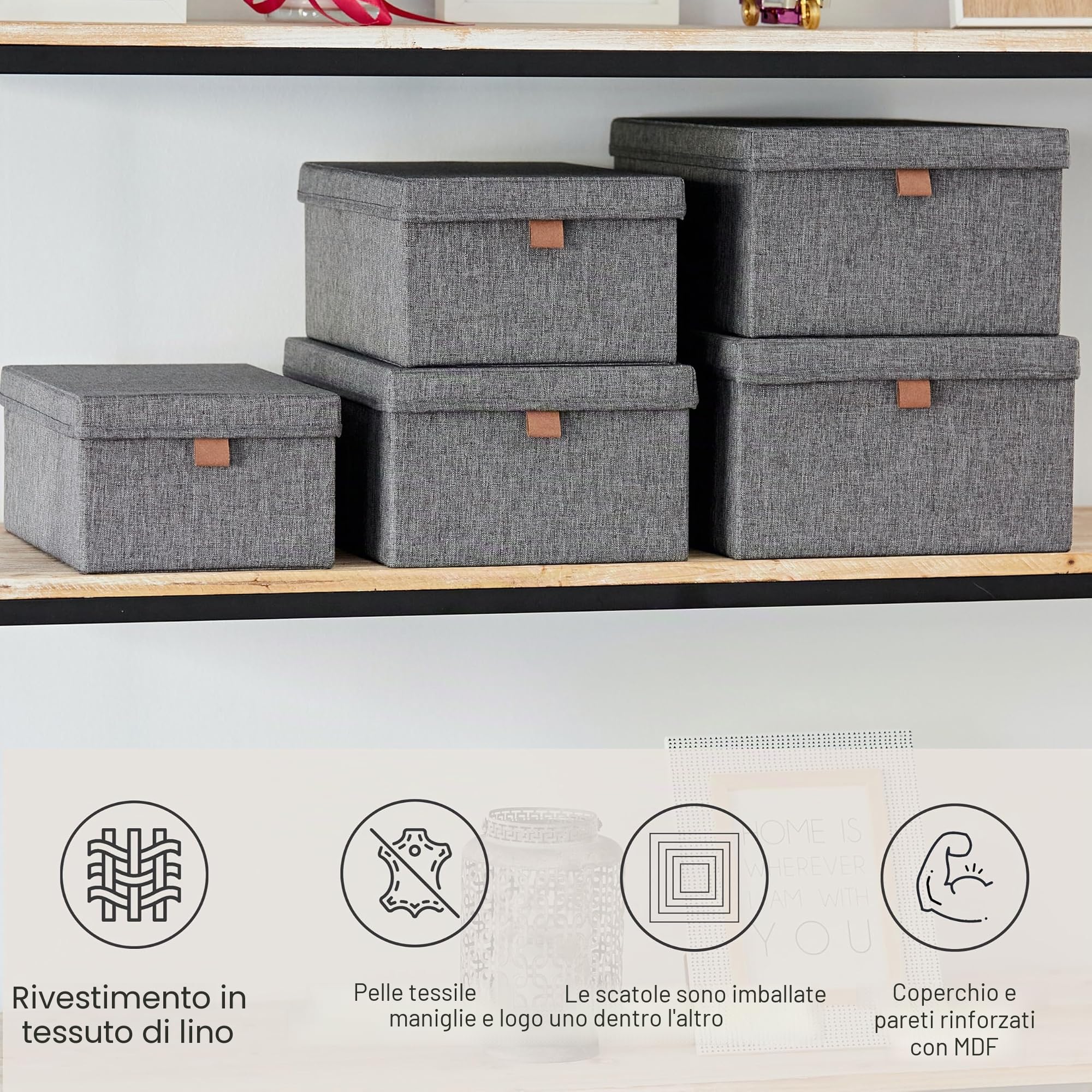 LOVE IT STORE IT Premium Scatola Porta Oggetti – Scatole Portaoggetti con Coperchio in Lino | Set 5 | Contenitori per Armadio Salvaspazio | Scatole Organizzazione Armadio | Grigio