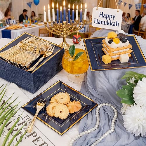 Vista 17 de WDF 86 platos de postre de oro rosa de 6 pulgadas con 86 tenedores desechables de 5 pulgadas, elegantes platos de plástico cuadrados para el día