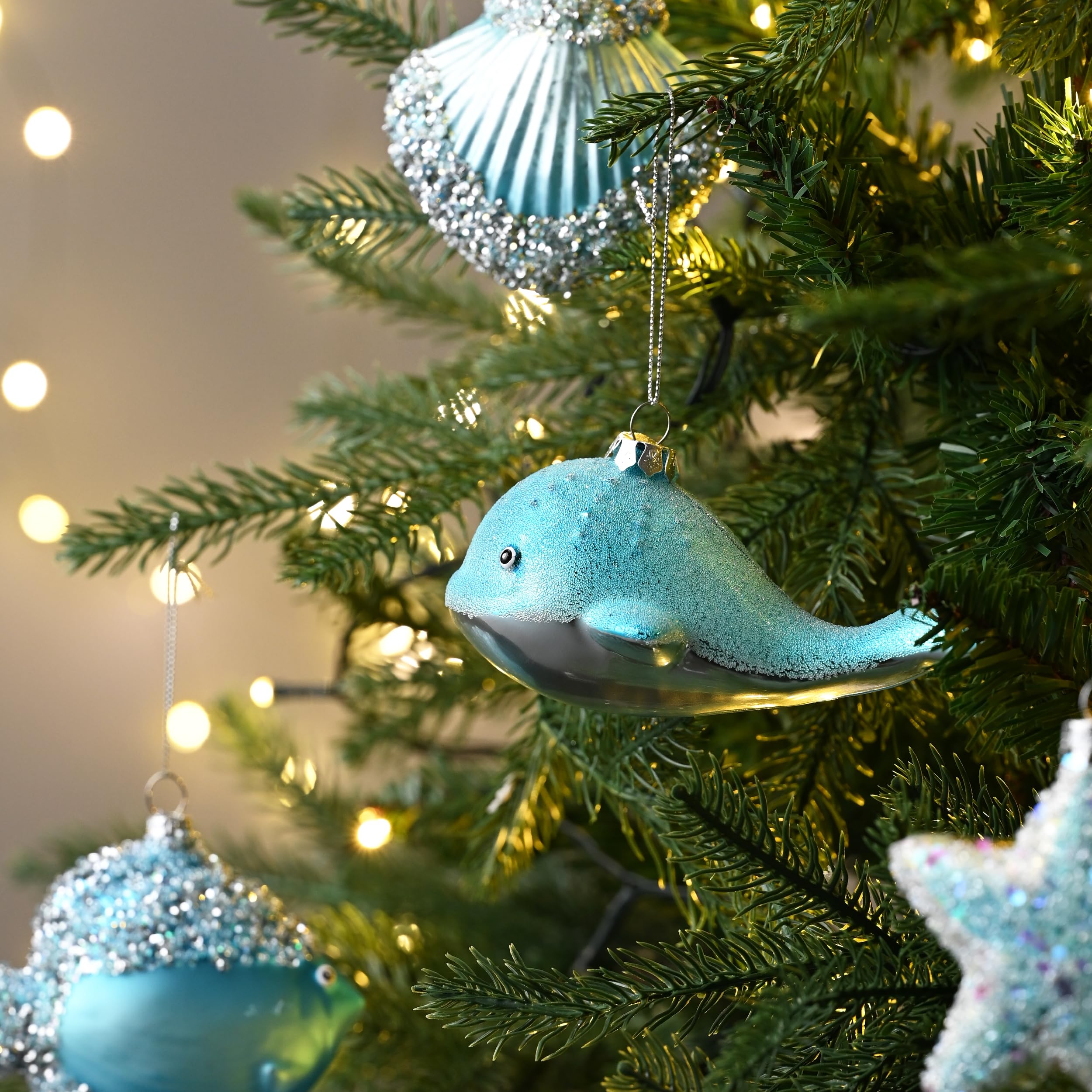 Valery Madelyn Coastal Christmas Ornaments Set – 8-Piece Light Blue & Silver Blown Glass Beach Decor For Summer, July, Or Holiday Trees