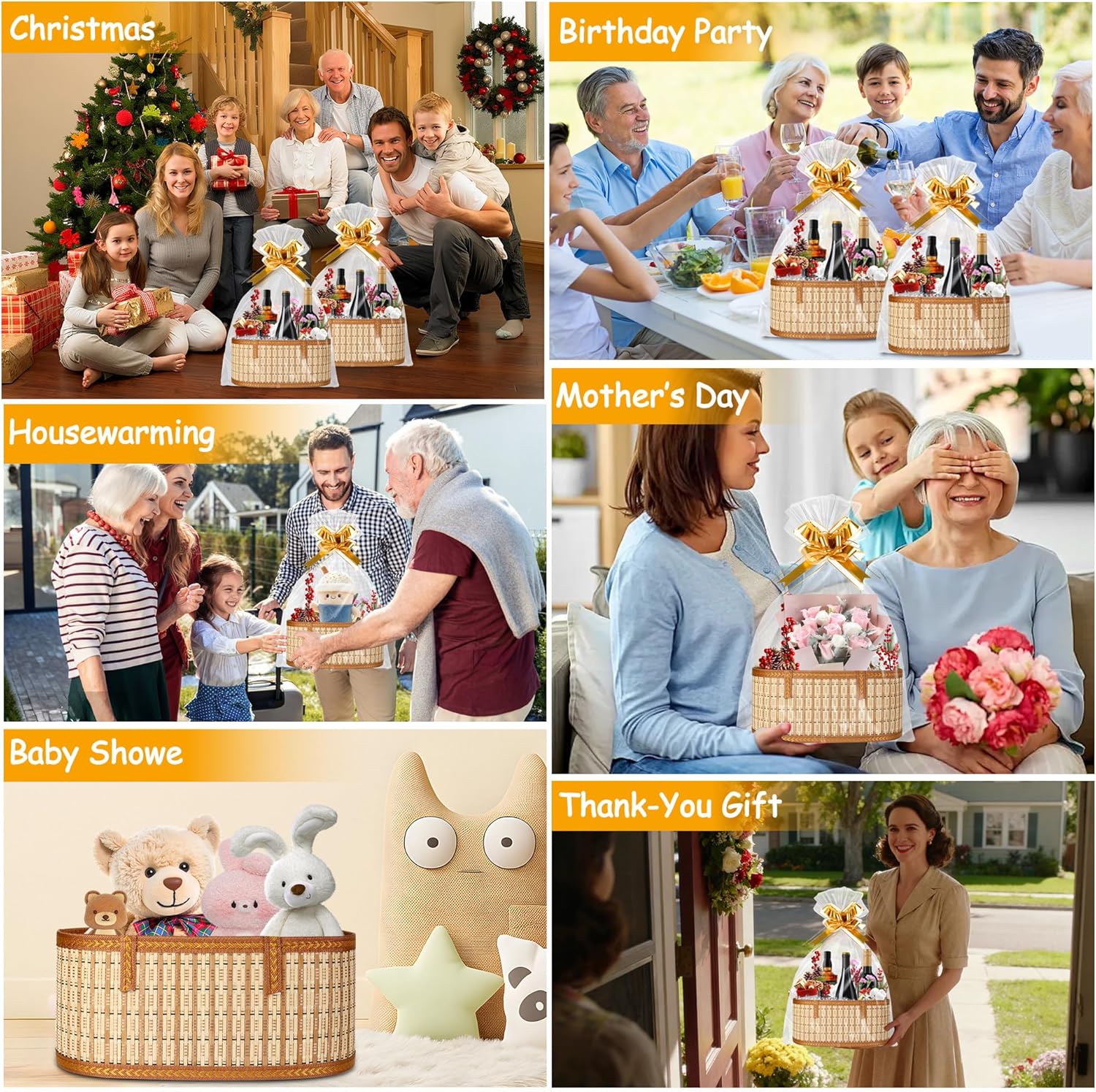 Leevcok 3 Set Baskets for Gifts Empty, Large Bamboo Gift Basket with Handle, Foldable Reusable Decorative Woven Basket for Christmas, Baby Shower, Mother's Day, Housewarming, Wedding