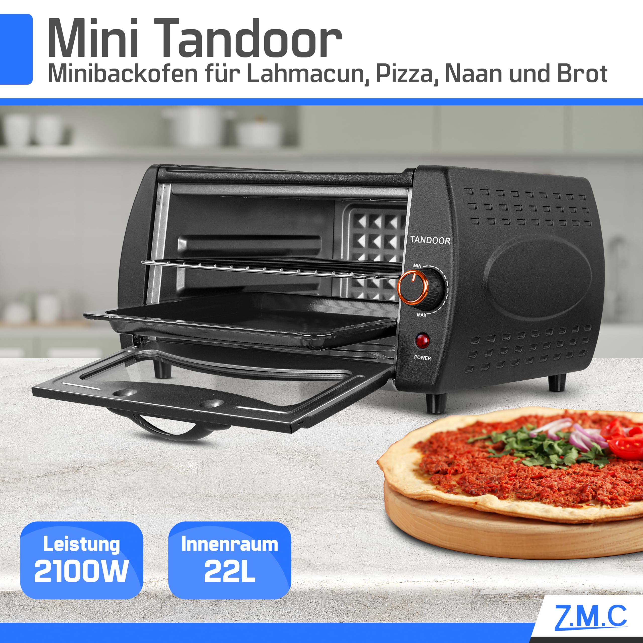 Z.M.C Mini Tandoor Backofen 2100W 22L | Minibackofen für Lahmacun, Börek, Pizza, Naan & Fladenbrot | inkl. Backblech & Grillrost | schnelles Aufheizen | für Zuhause & Küche