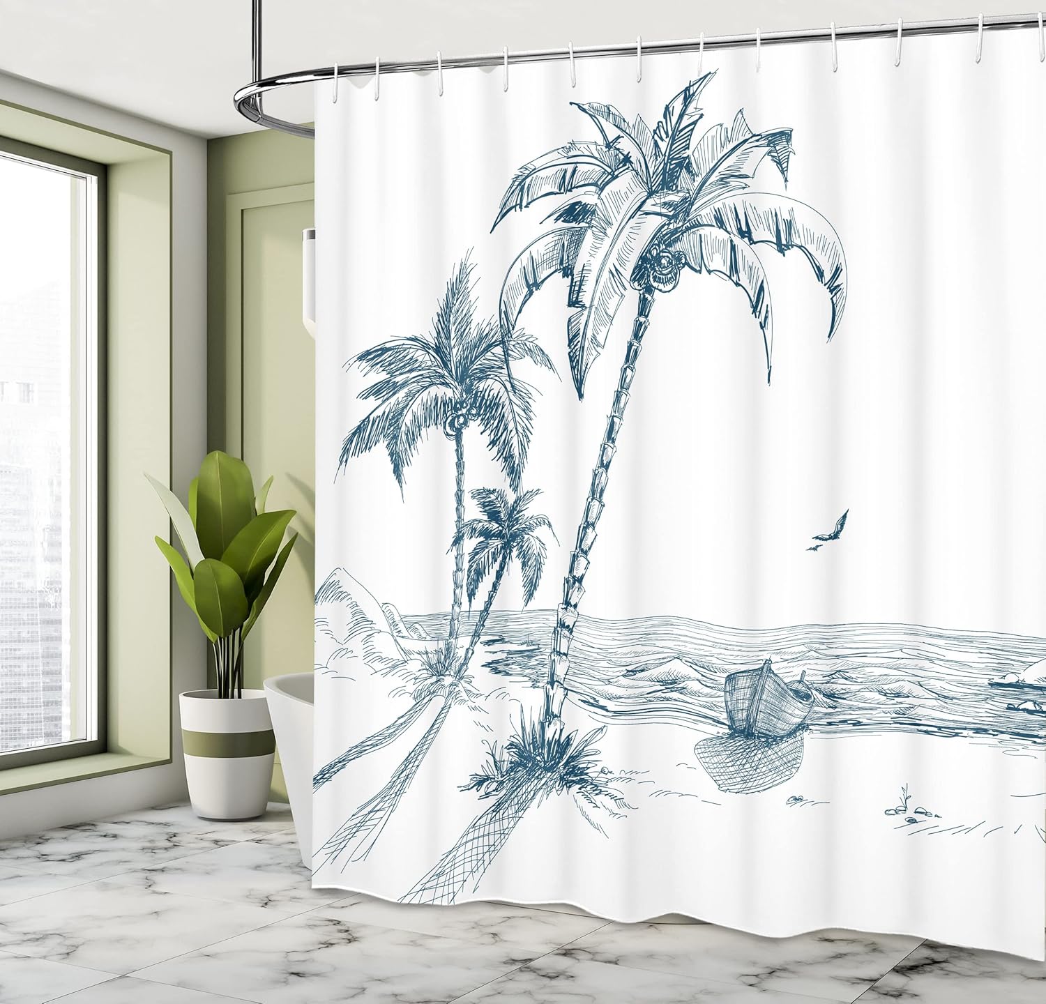 Ambesonne Island Shower Curtain, Sketch Art of a Tropical Seaside Palm Trees Fishing Boat Flying Birds, Cloth Fabric Bathroom Decor Set with Hooks, 69" W x 84" L, Petrol Blue White