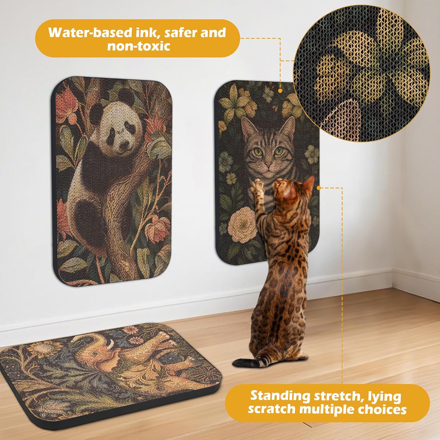 Art Cat Scratcher, 3 Packs Wall-Mountable Art Cat Scratching Board with Box, Cat Wall Scratcher, Cat Scratchers for Indoor Cats Toy Furniture Protector（Elephant&Cat&Panda）