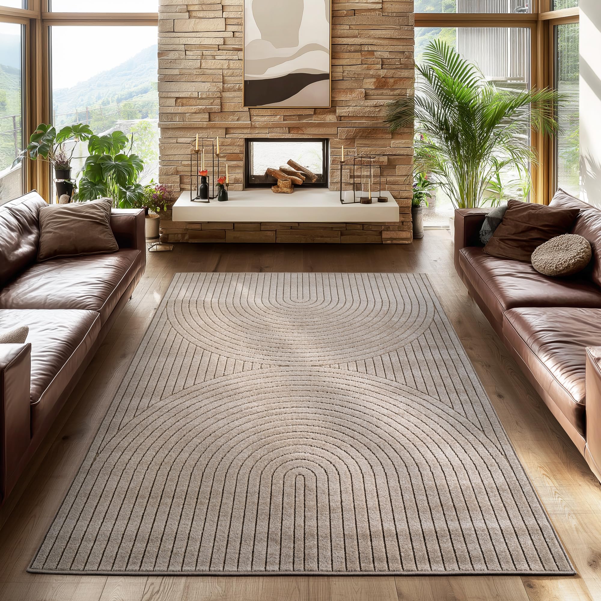 SIMPEX Kurzflor Teppich Wohnzimmer, Schlafzimmer, Küche, 3D Hoch-Tief-Effekt, Skandinavisch Boho Motiv, für Outdoor Bereich geeignet Terrassen oder im Balkon