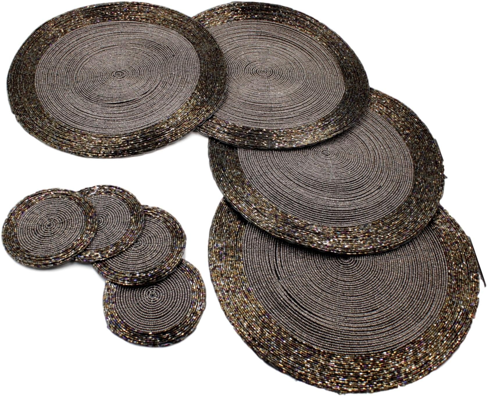 West5Products Set of Round Glass Beaded Grey Placemats and Coasters