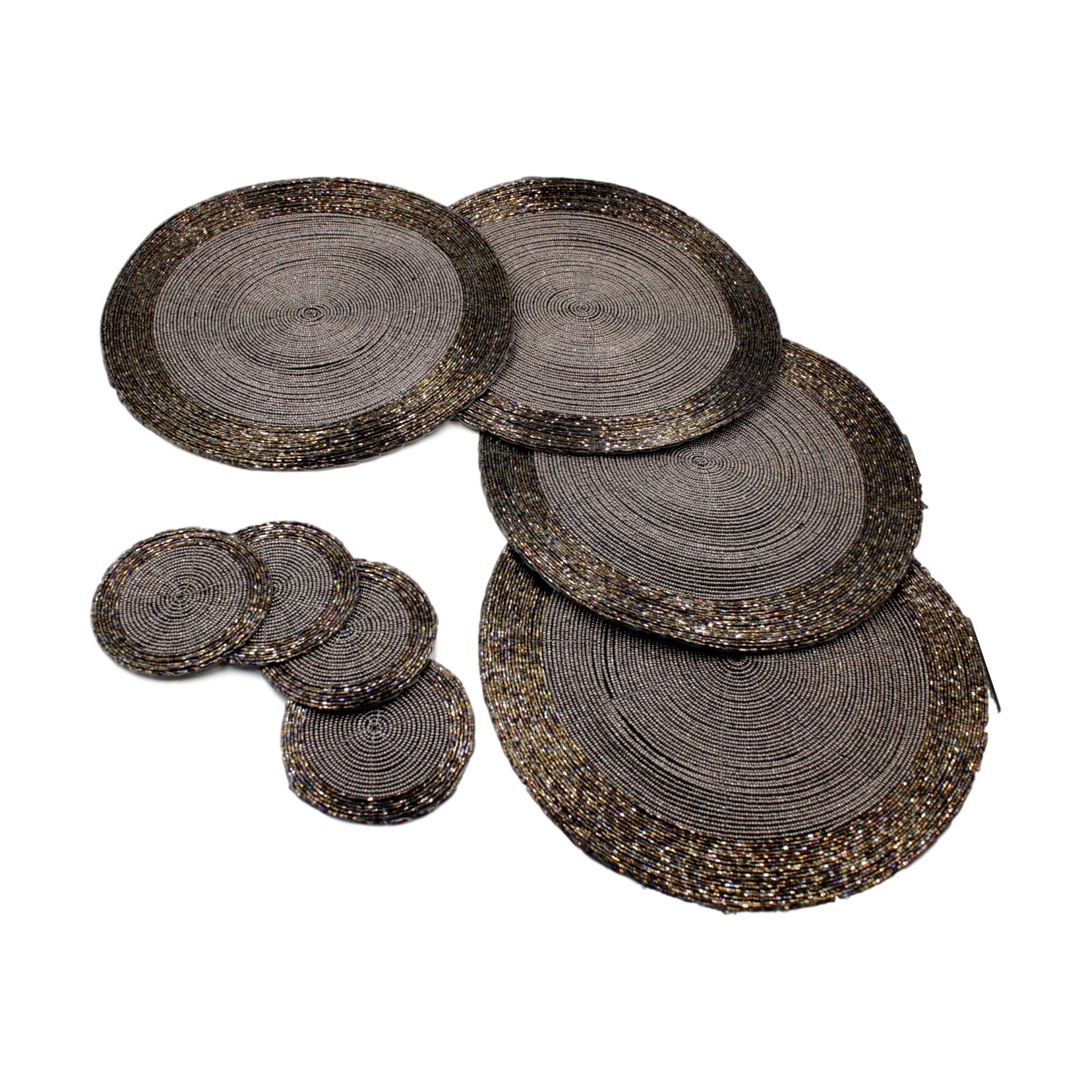 West5Products Set of Round Glass Beaded Grey Placemats and Coasters