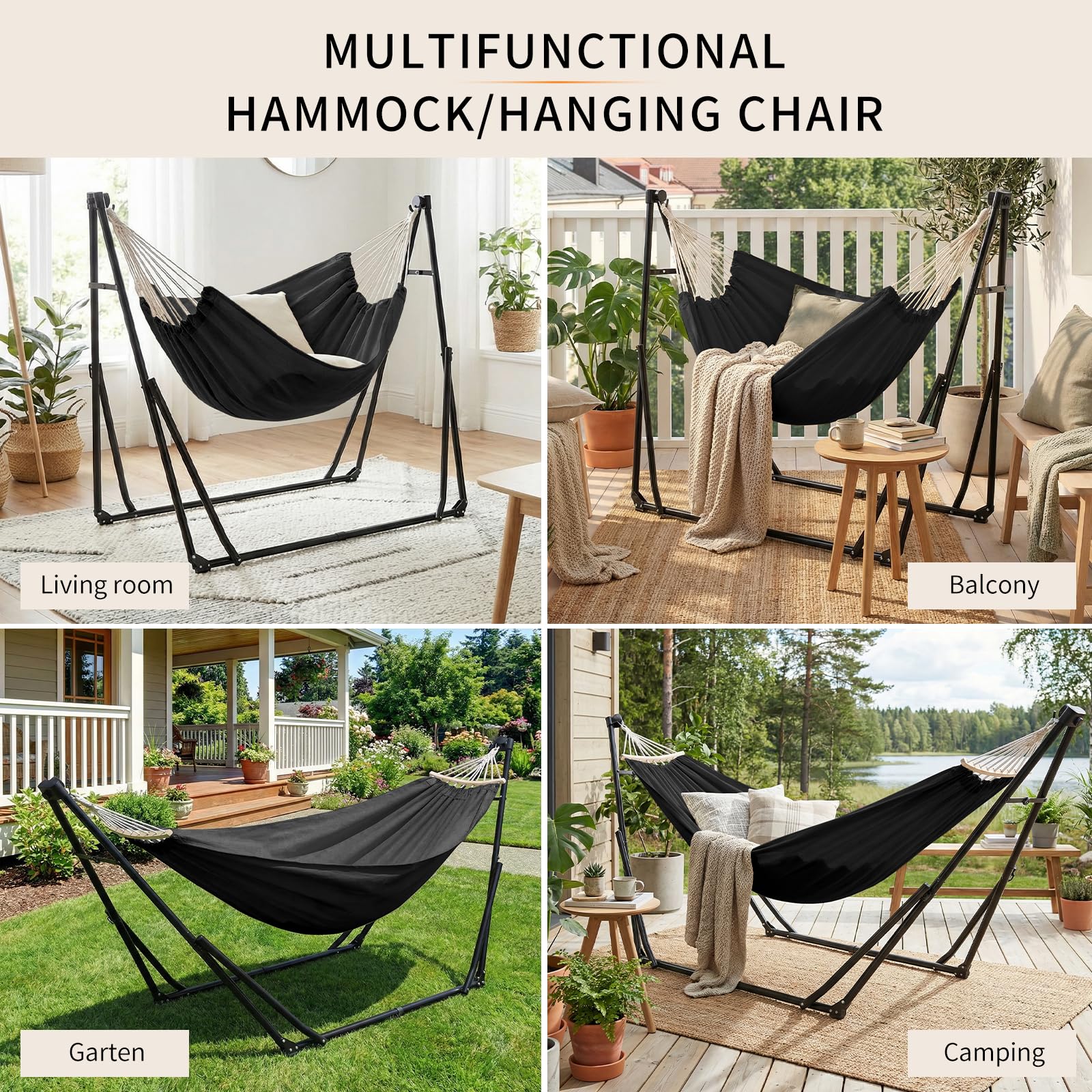 Clevich Hängematte mit Gestell, Outdoor Hängematte, Faltbar, Verstellbar, Stabiler hängematte Gestell, 231x89cm, Bis 200 kg, für Garten Balkon Camping Indoor, Tragetasche, Mehrfarbig (Schwarz)
