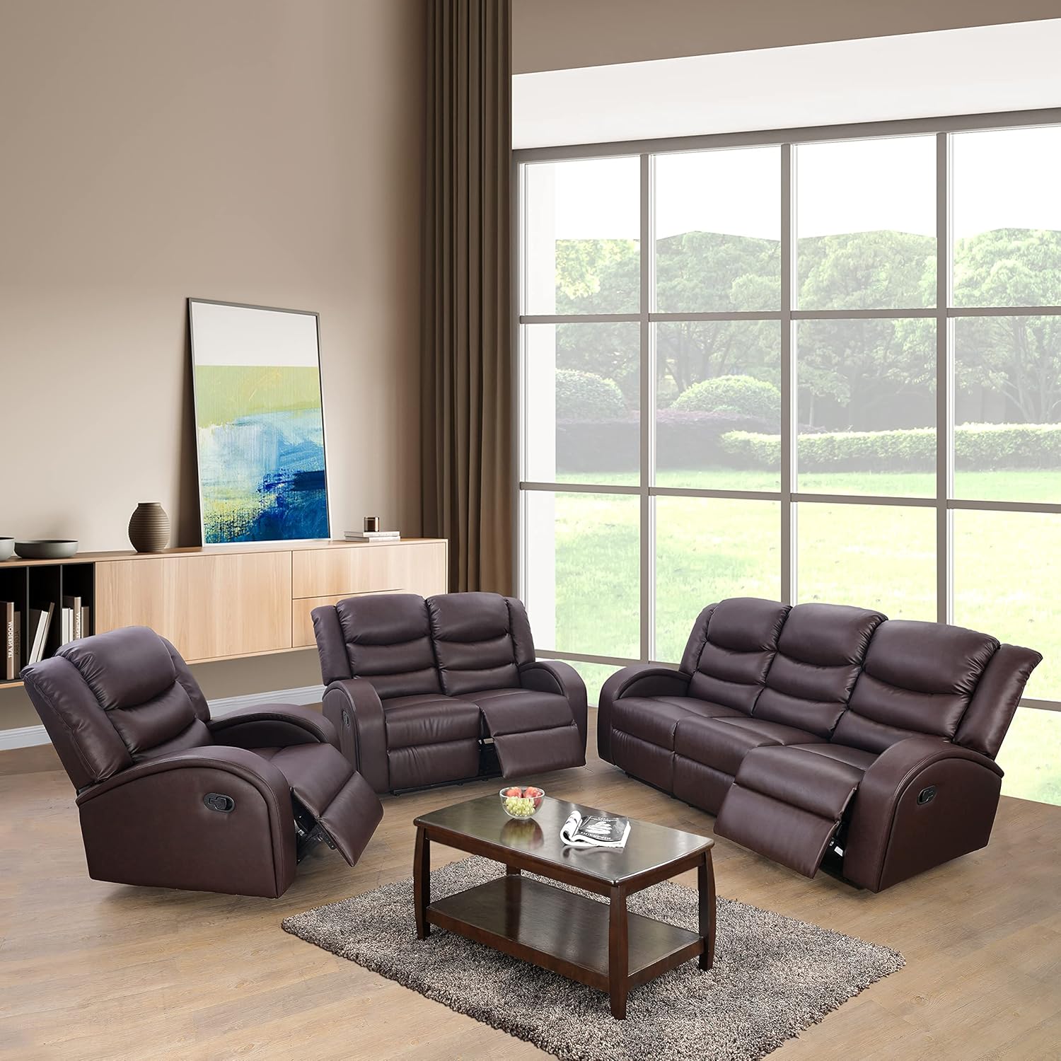 Beverly Fine Furniture Grayson 3 Piece Living Room Recliner Set Include Love seat, Sofa and Chair, Brown