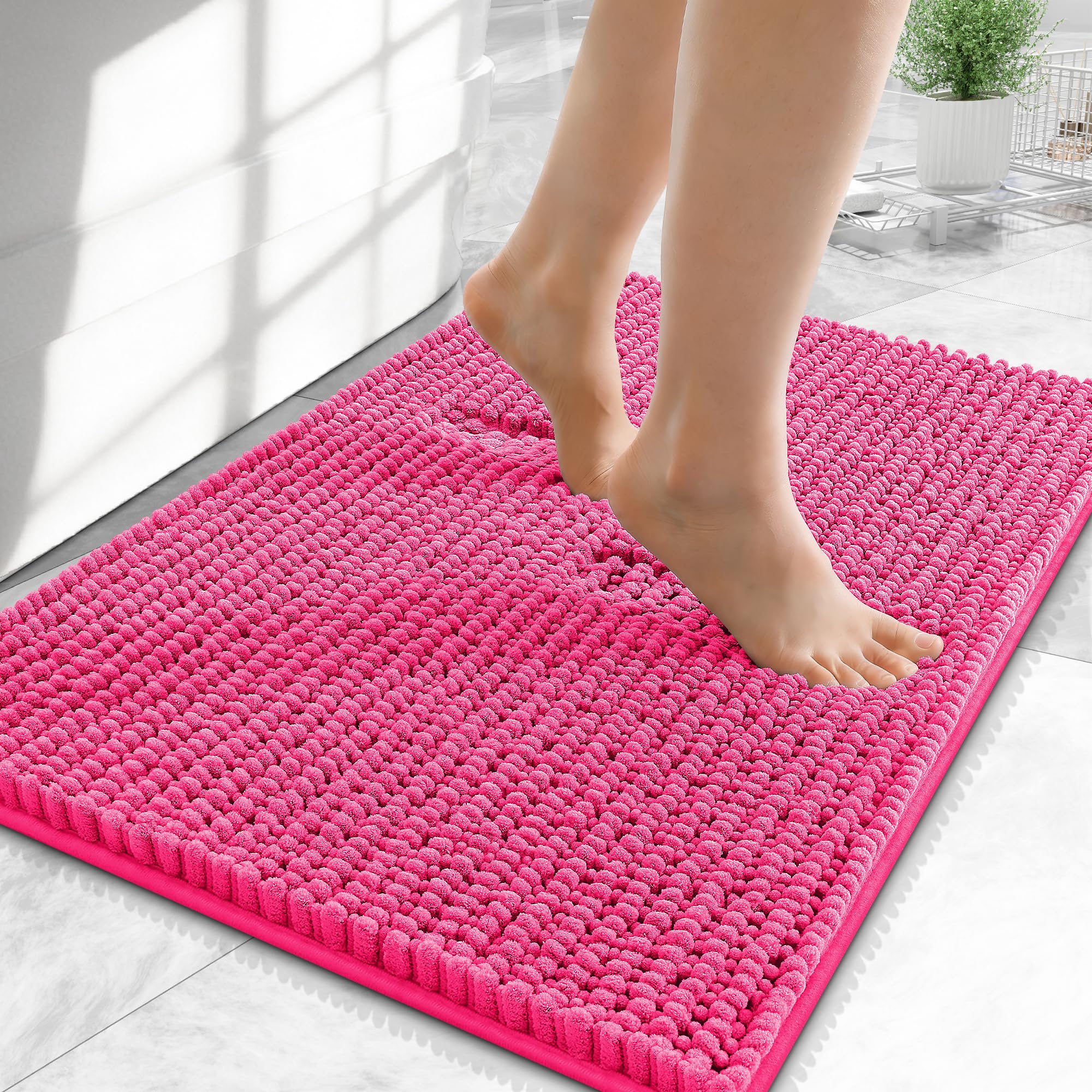 OLANLY Thick Chenille Small Bathroom Rugs Mats 24x16, Hot Pink