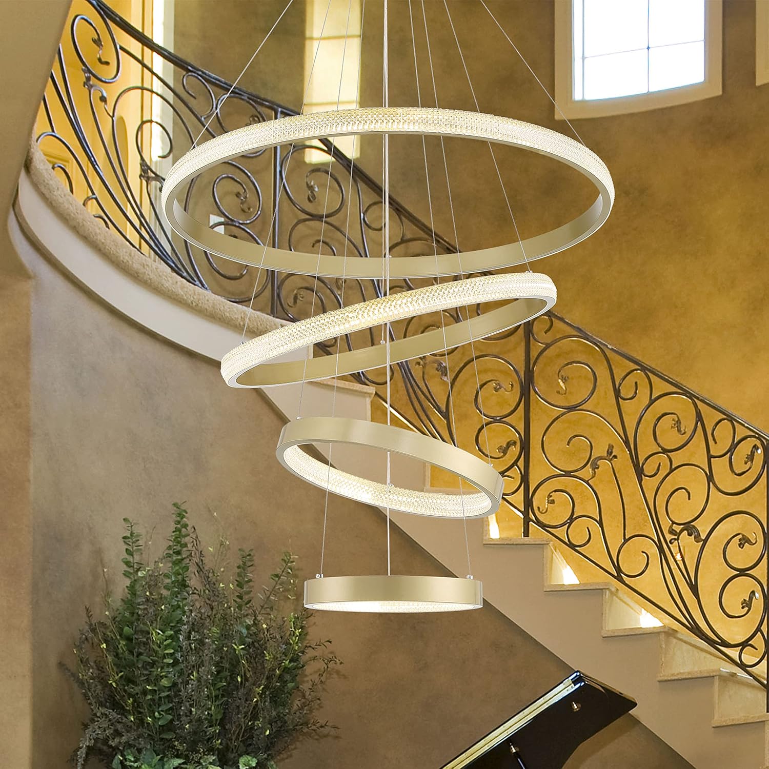 Vanity Art 4 Light Unique Ring LED Chandelier Lighting | Modern Hanging Lights, Circular Ceiling Lights Fixtures for Dining Room Living Room Bedroom Kitchen (Gold) SYLED1904-BD