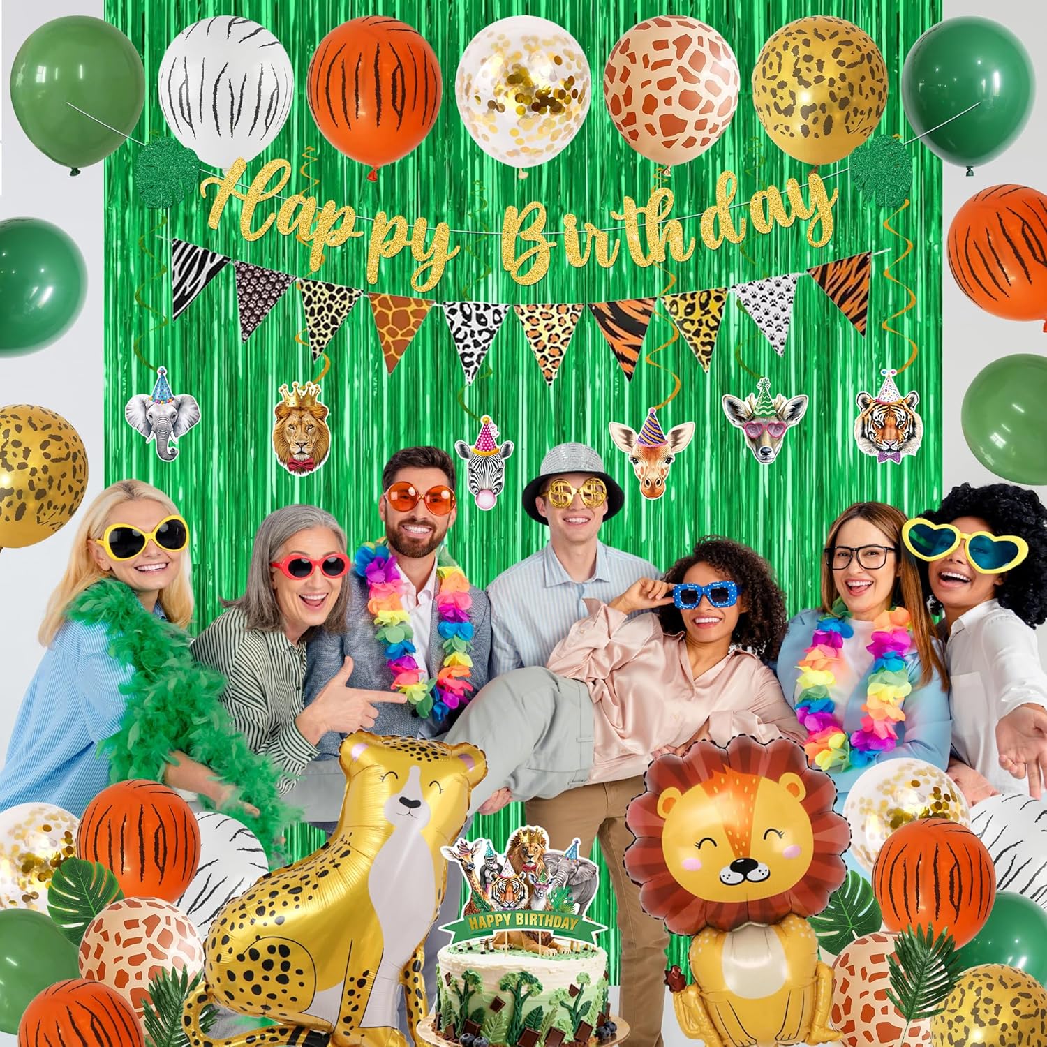 Holkcog Safari Birthday Decorations, Green Jungle Wild Animal Party Supplies、Ballons、Hanging Swirls、Cake Topper for Jungle Birthday Party Decorations, Safari Themed Kids Birthday Party Photo Banner