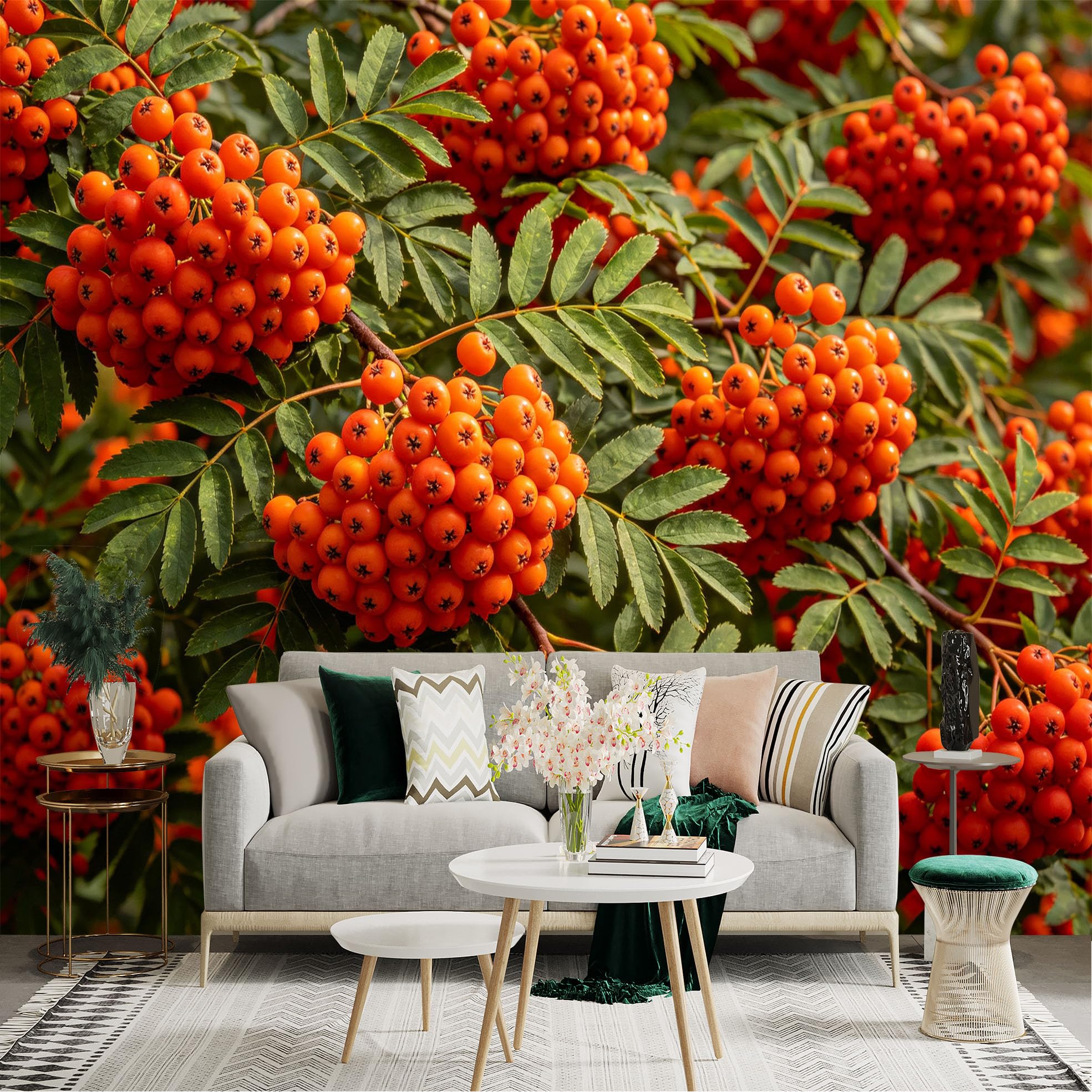 Lnzczhyre Dbh260521108 Custom Size Wall Sticker Mural， Vibrant Rowan Berries Clusters， Autumn Forest Foliage， Orange Mountain Ash Fruit， For Wall Decoration， Peelandstick Wall Decals.