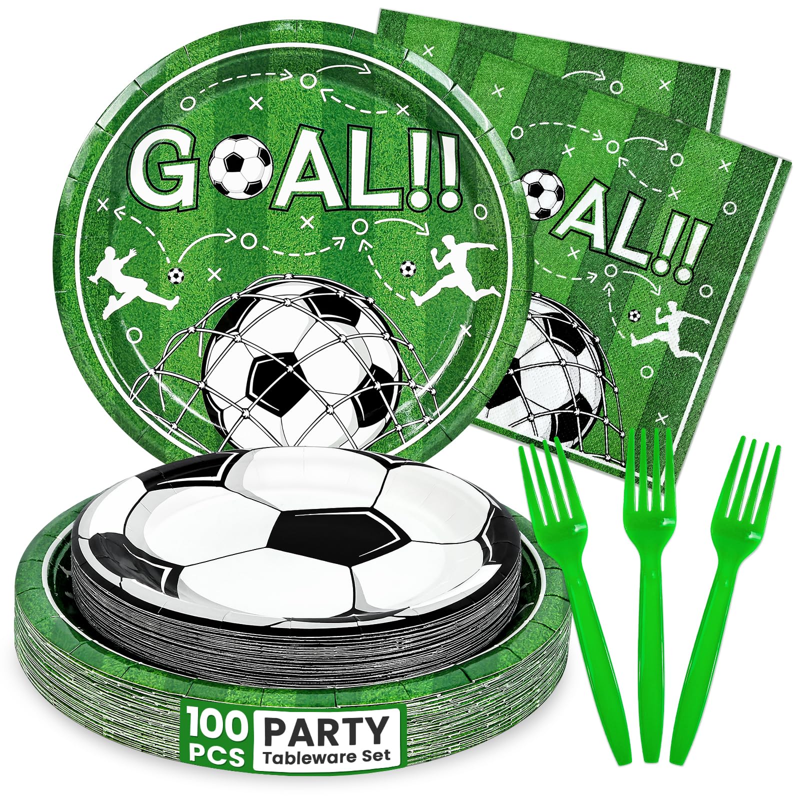 100 Pcs Soccer Paper Plates and Napkins Disposable for Party, 25-9"&amp;25-7"