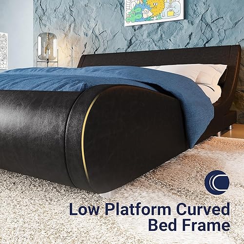 Miniatura 4 de Allewie Upholstered Queen Size Platform Bed Frame Modern Low Profile Sleigh Bed with Faux Leather Adjustable Headboard, Wood Slat Support, Easy