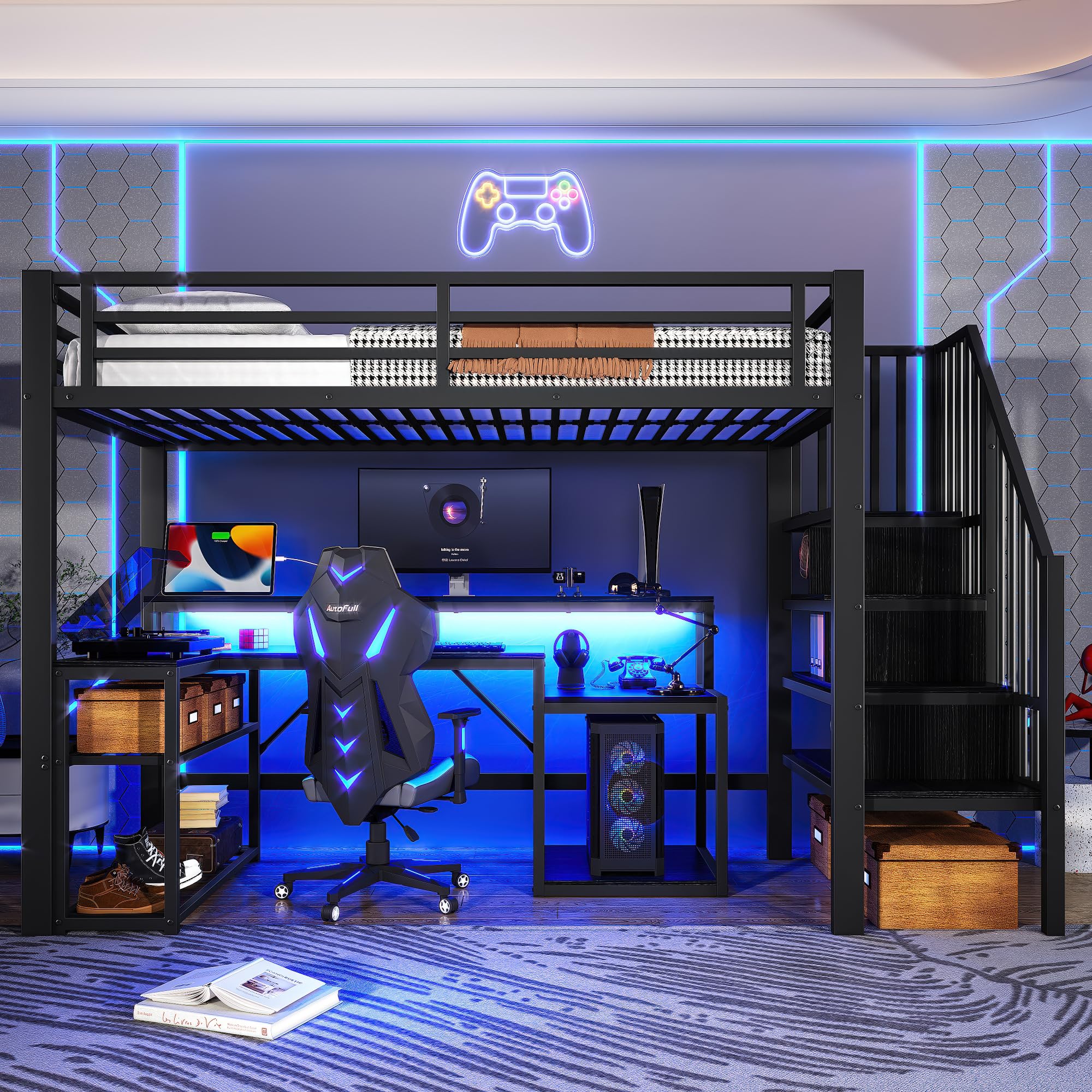 Lubvtti Letto a soppalco in ferro 90 x 200 con luminosa a LED,scrivania,porta USB,vano contenitore,scala con spazio contenitore,letto a castello per bambini,struttura letto per bambini,Nero