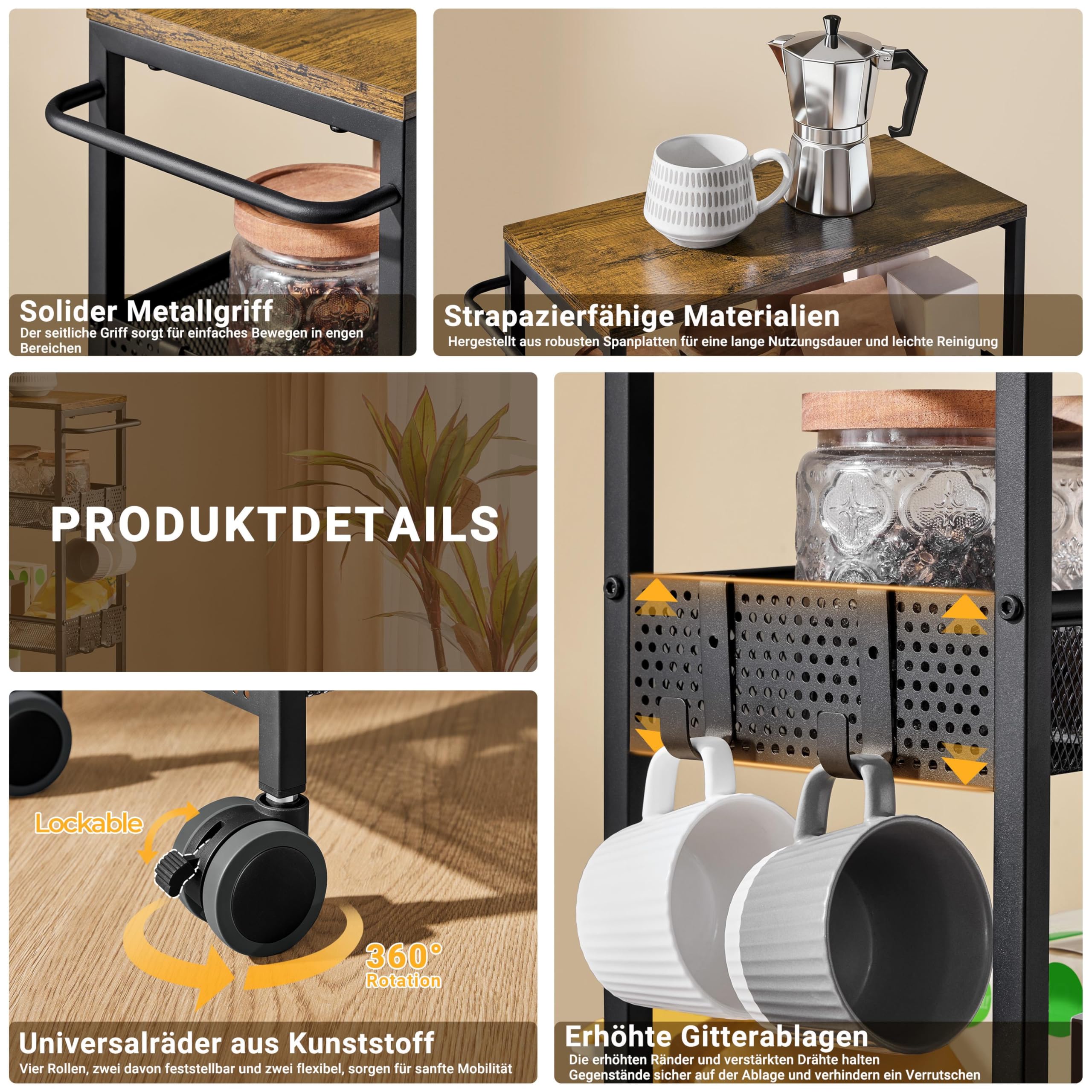 Yaheetech Chariot Rangement de Cuisine à 4 Niveaux, Dessert sur roulettes, Étagère de Rangement en Métal pour Cuisine/Salon/Salle de Bain, 50 × 22 × 79 cm, Style Idustriel, Brun Rustique
