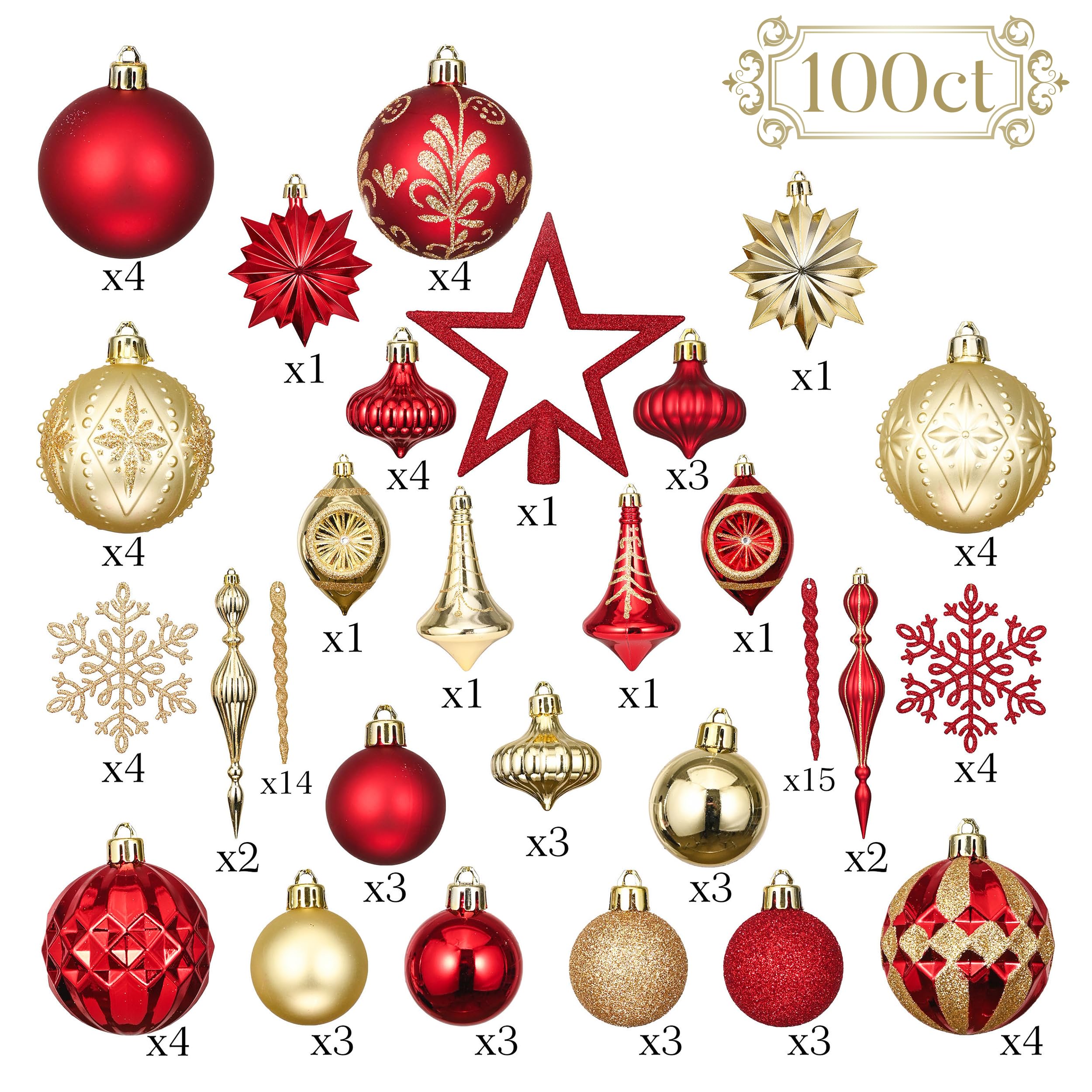 Valery Madelyn Lot de 100 Boules décoratives incassables à Suspendre en Plastique pour Noël, fiançailles, Anniversaire, Mariage, Vacances Rouge et Or