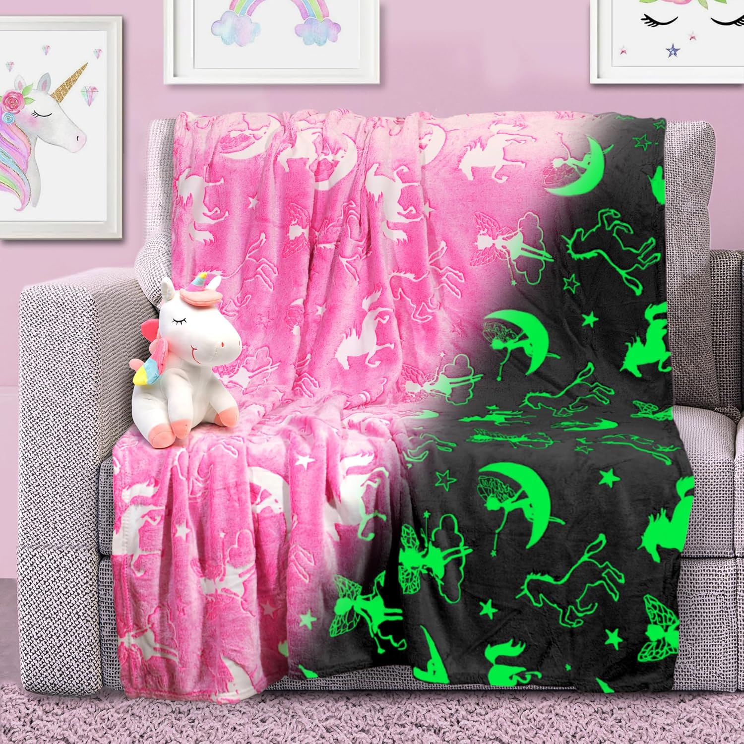 Unicorn Glow in The Dark Blanket – Luminous Fairy Blanket for Kids – Soft Plush Pink Fantasy Star Blanket Throw – Large 60in x 50in Glowing Magical Blankets Gift for Girls (Pink Unicorn and Fairy)